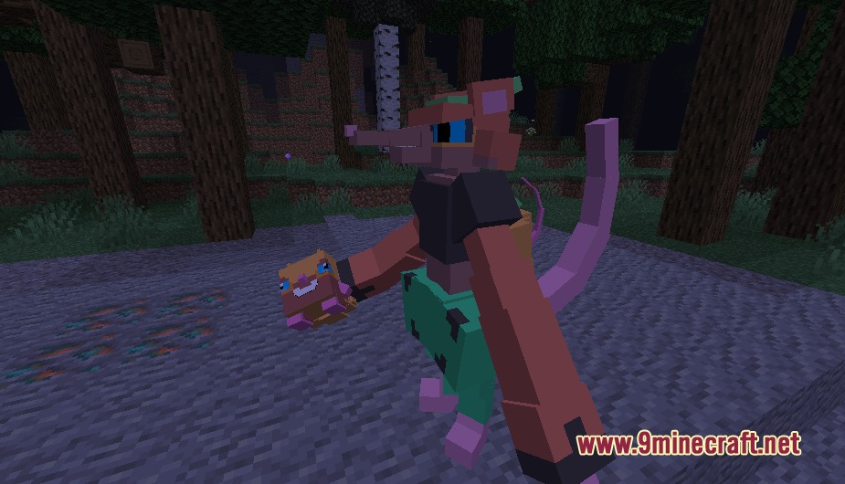 Chibi South Critters Mod Screenshot 8 A large rat creature wearing clothes holds a smaller version in a dark forest