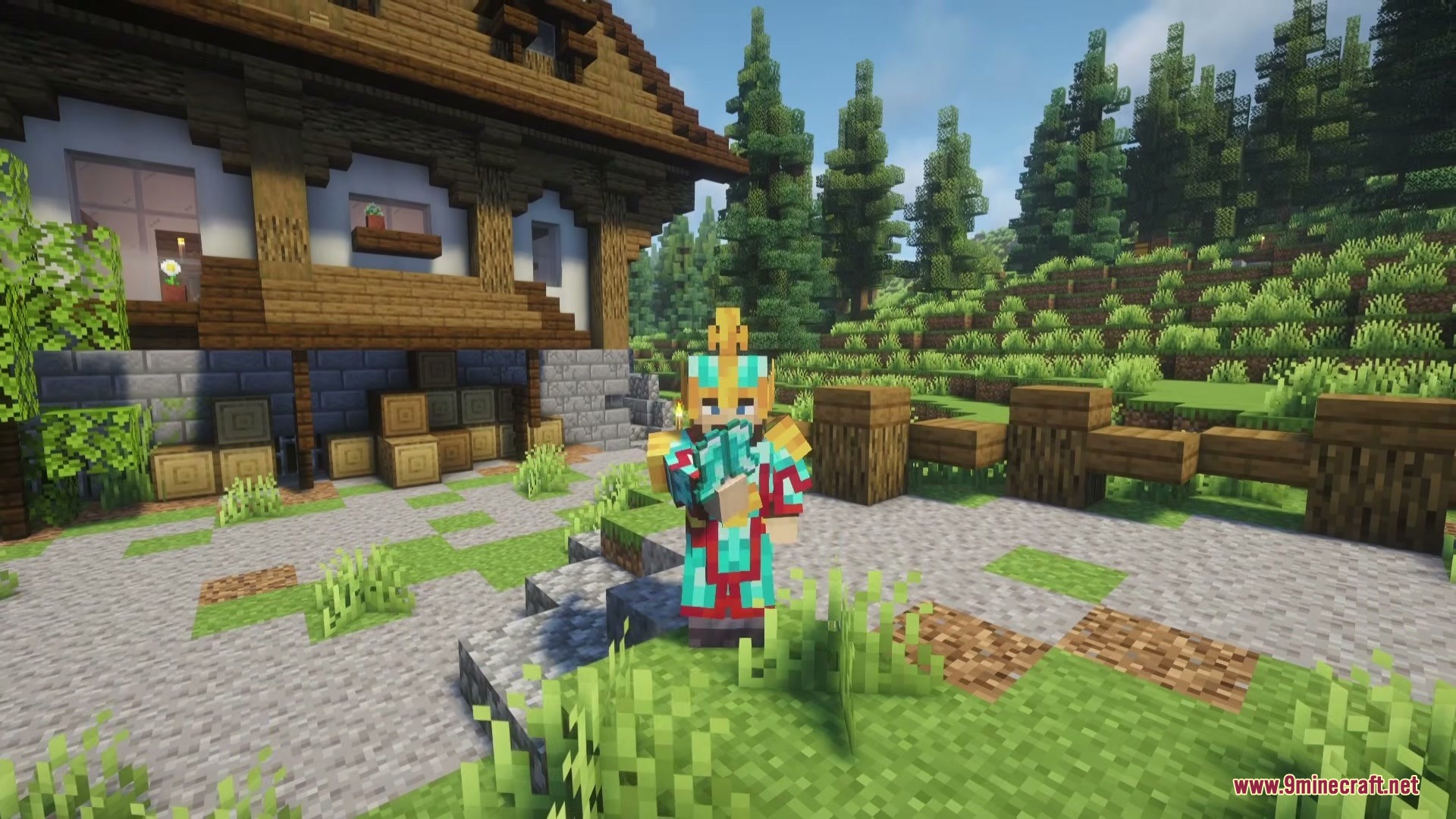 Chinese Weapons Mod Screenshot 1 A player wearing colorful ancient Chinese armor standing near a house