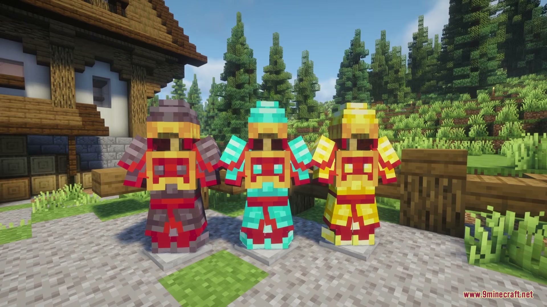 Chinese Weapons Mod Screenshot 2 Three sets of armor from the Chinese Weapons Mod on armor stands