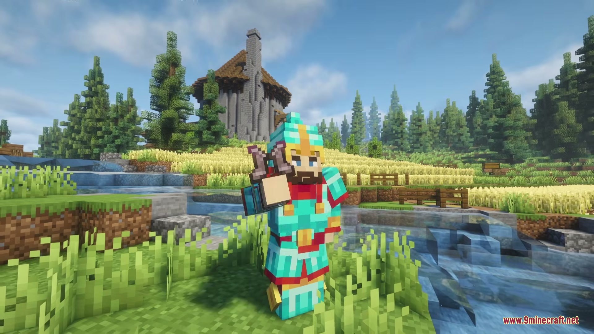 Chinese Weapons Mod Screenshot 3 Minecraft character wearing colorful Chinese armor holding a small crafting item outdoors