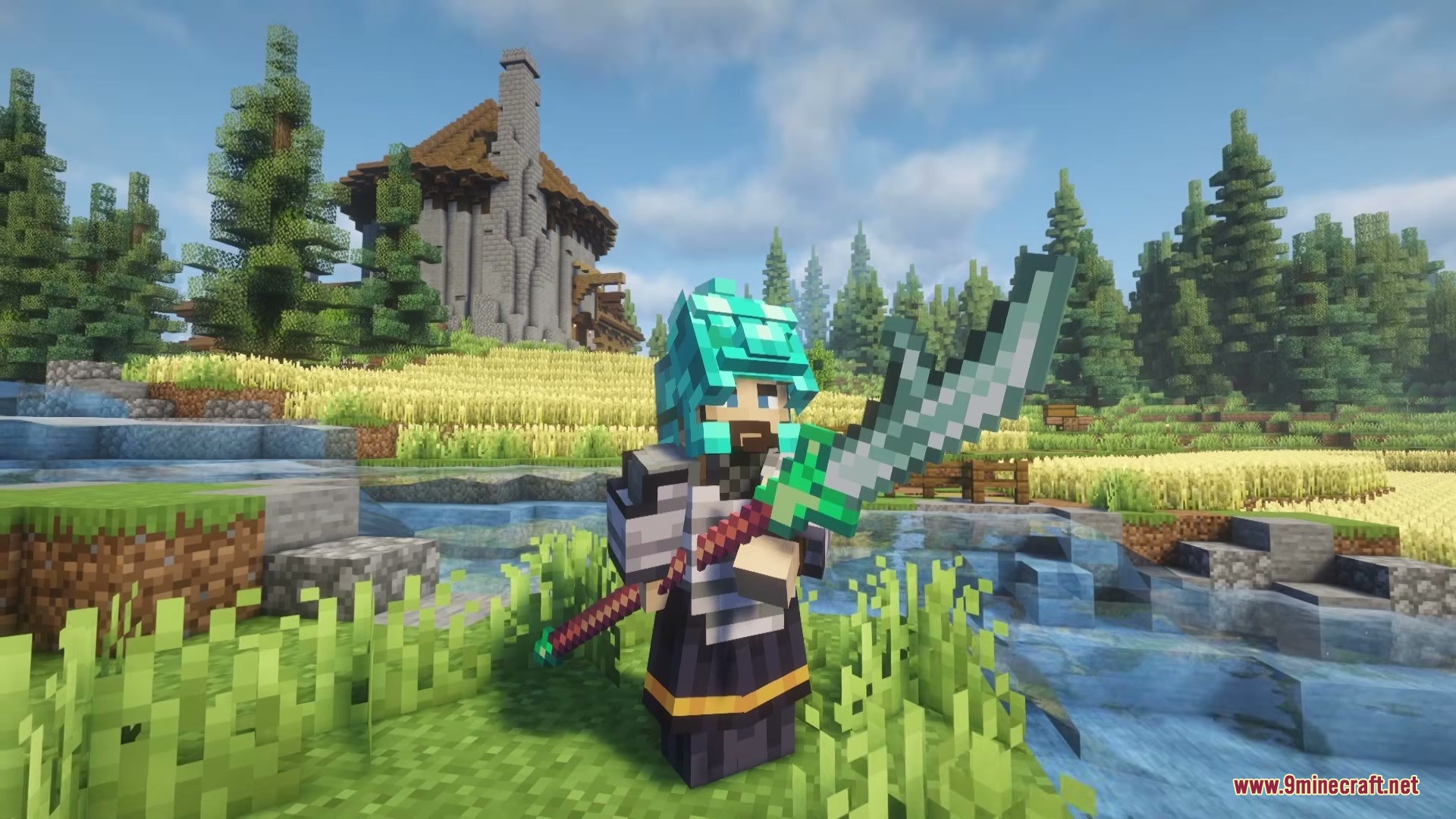 Chinese Weapons Mod Screenshot 4 Minecraft player wielding a massive green glaive while wearing ancient style armor