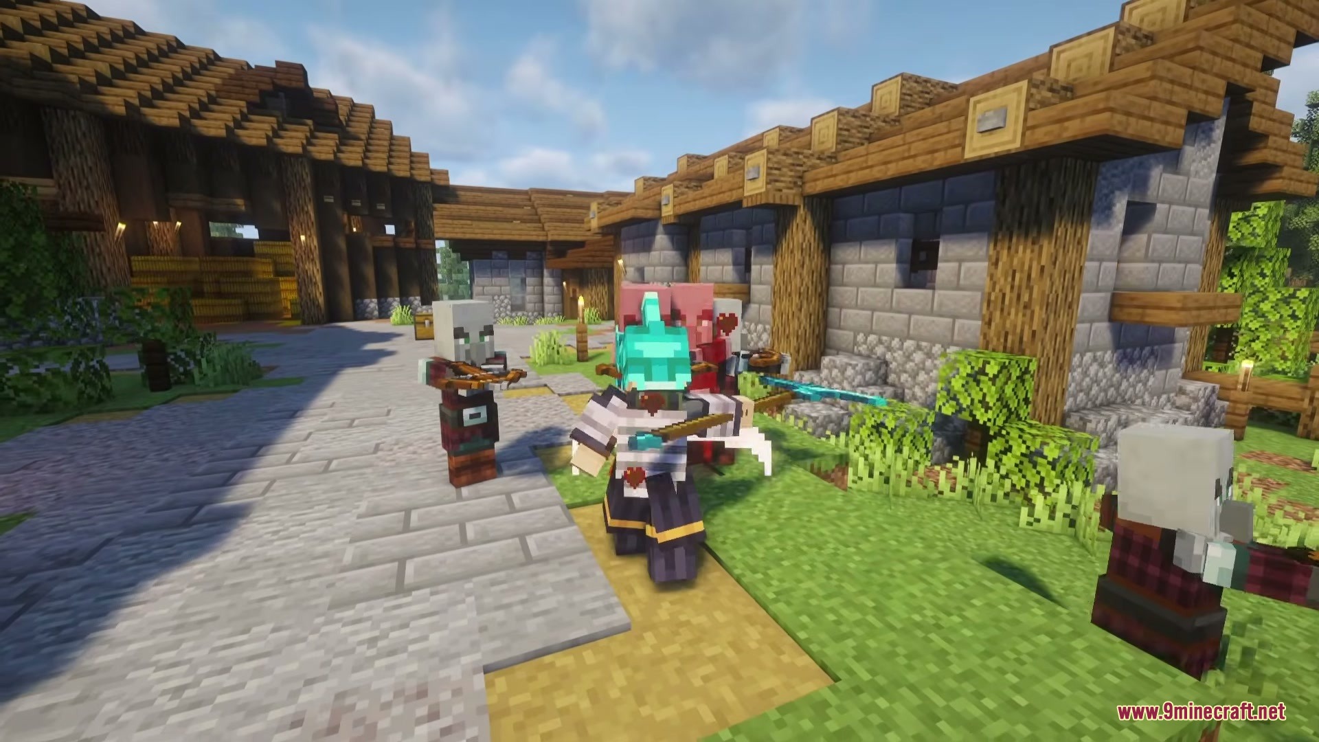 Chinese Weapons Mod Screenshot 5 A player wearing ancient Chinese armor battles hostile Pillagers in a village setting