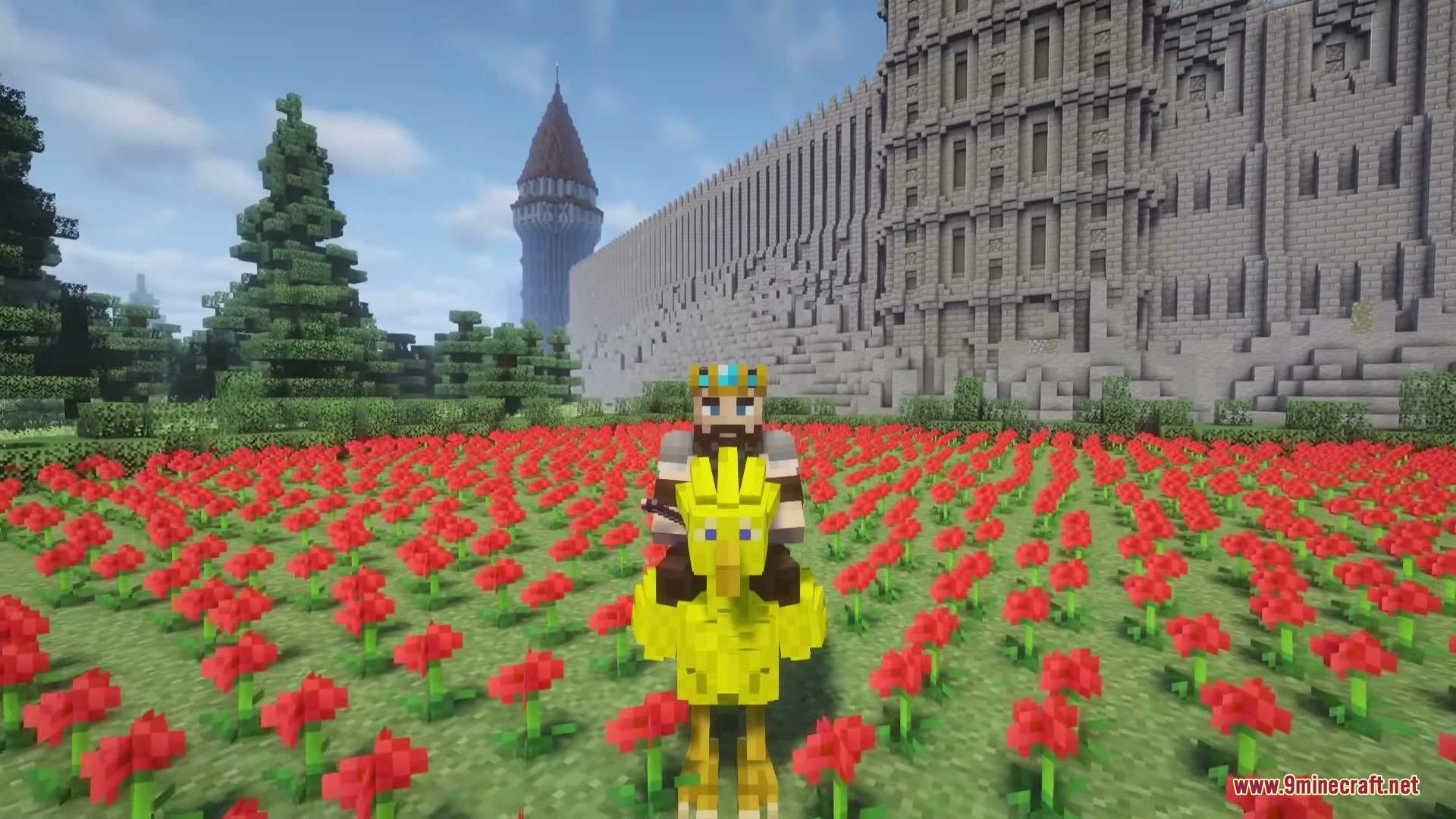 Chocobo Whistles Mod Screenshot 1 A player wearing a crown rides a yellow Chocobo through red poppies
