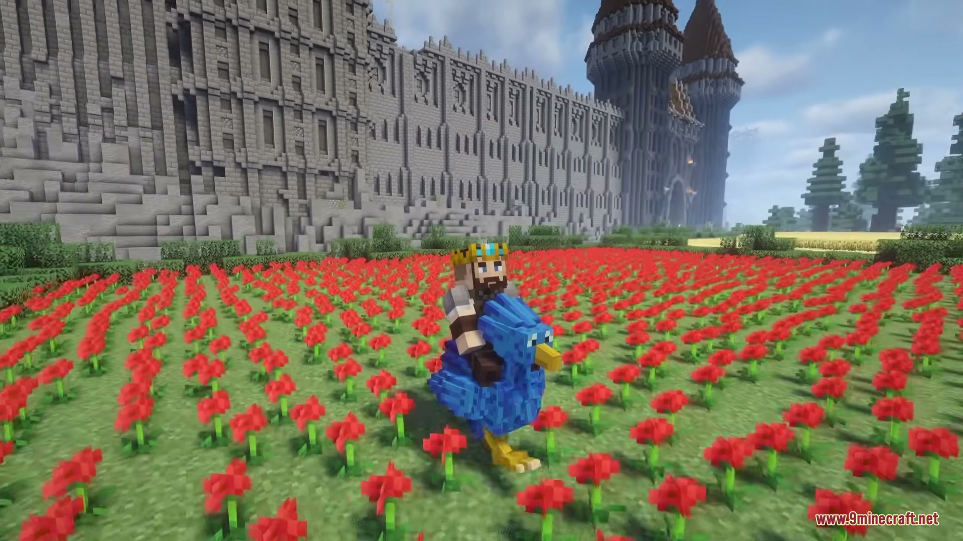Chocobo Whistles Mod Screenshot 2 The player character rides a blue Chocobo in a field of poppies