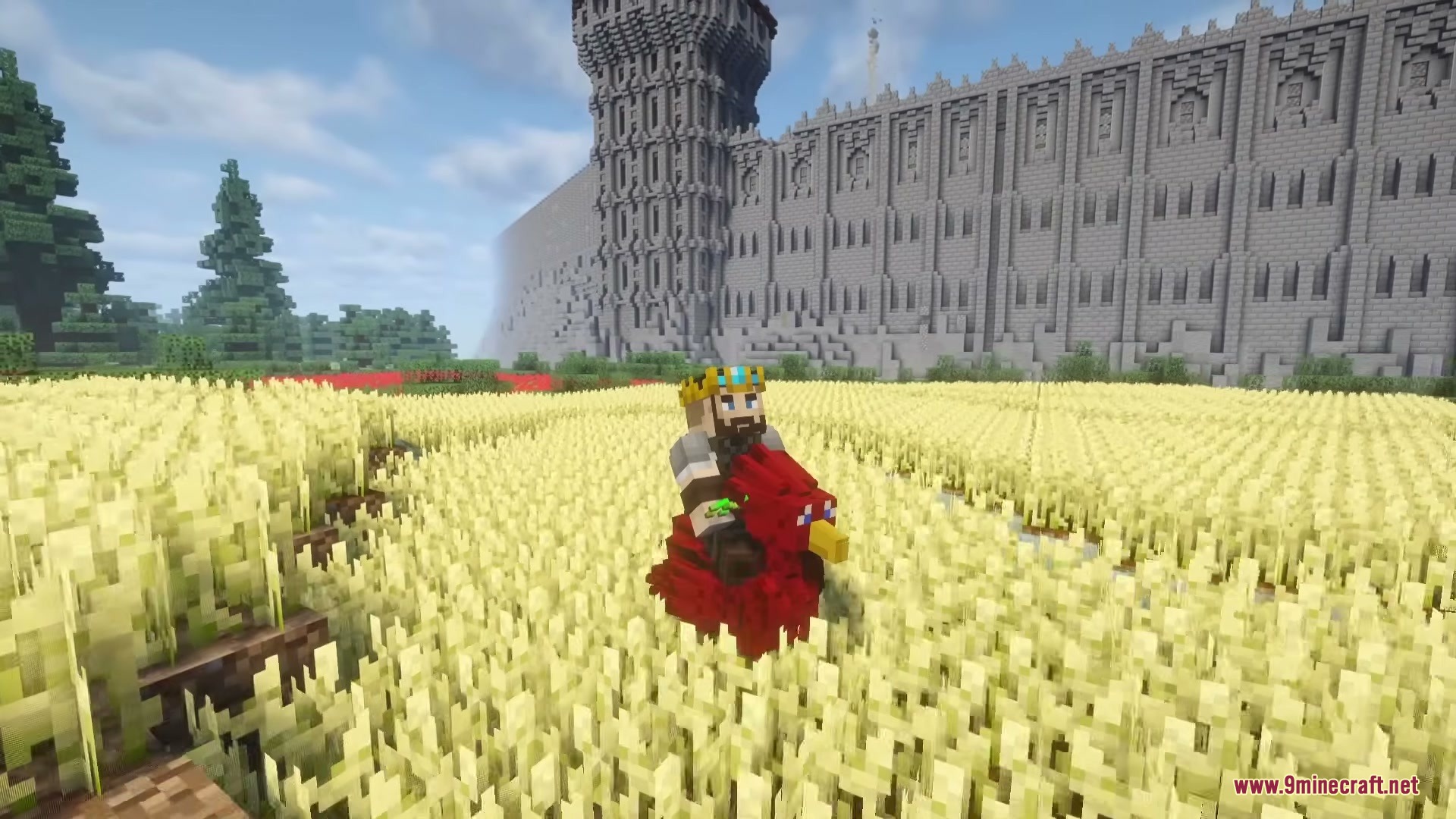 Chocobo Whistles Mod Screenshot 3 A crowned player riding a red Chocobo across a golden wheat field
