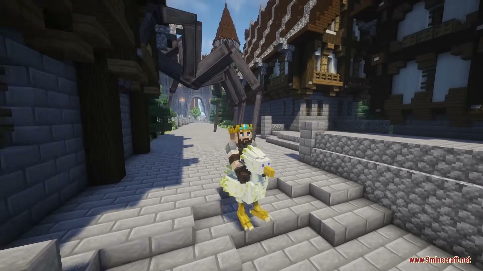 Chocobo Whistles Mod Screenshot 4 A crowned player riding a white Chocobo through a medieval stone city