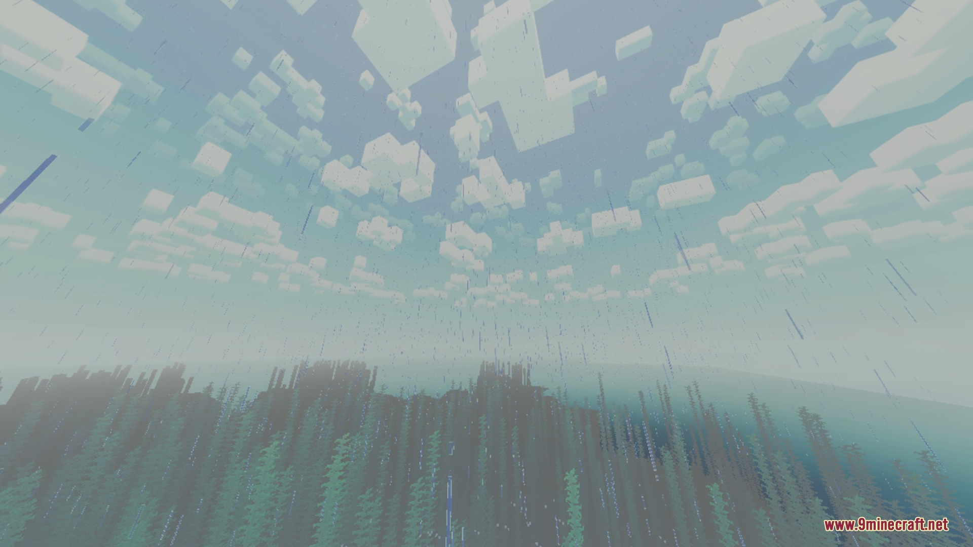 Rain falling over a misty forest biome under a cloudy Minecraft sky