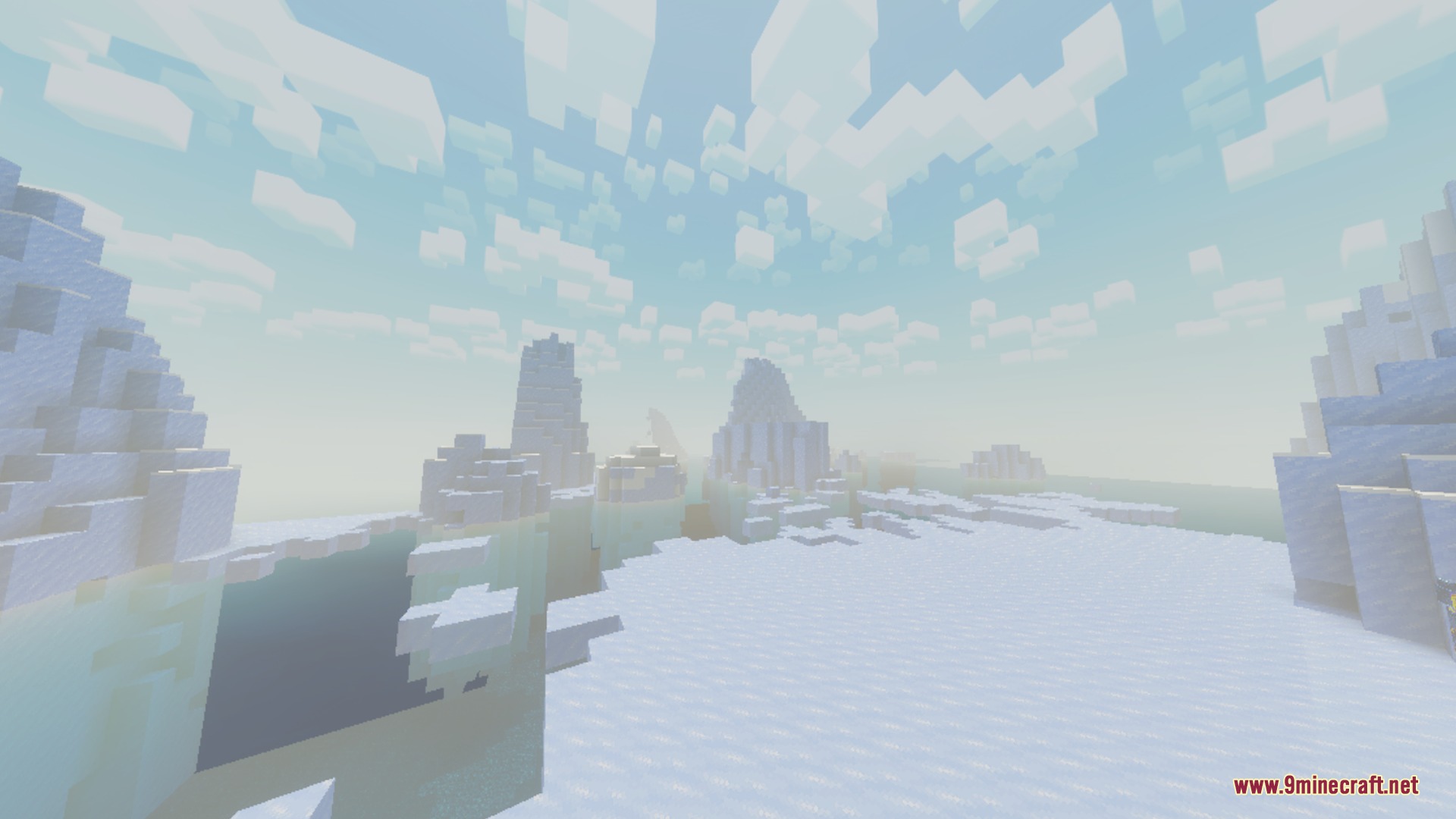 Soft lighting and thick fog enhance the atmosphere of a snowy biome
