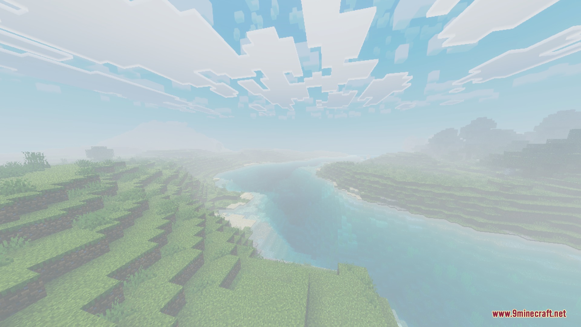 A scenic river valley in Minecraft with thick atmospheric fog and blocky clouds