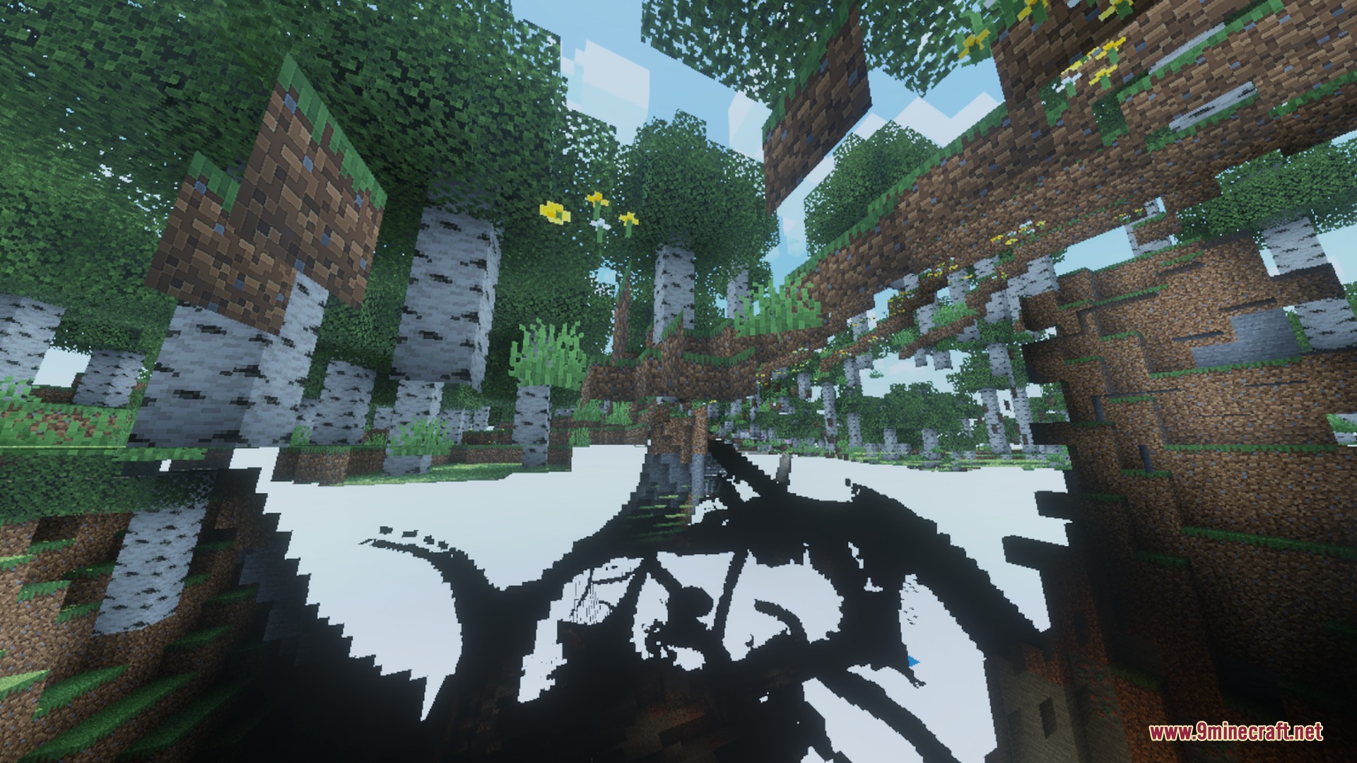 Looking up through birch trees in a forest with enhanced visual shaders
