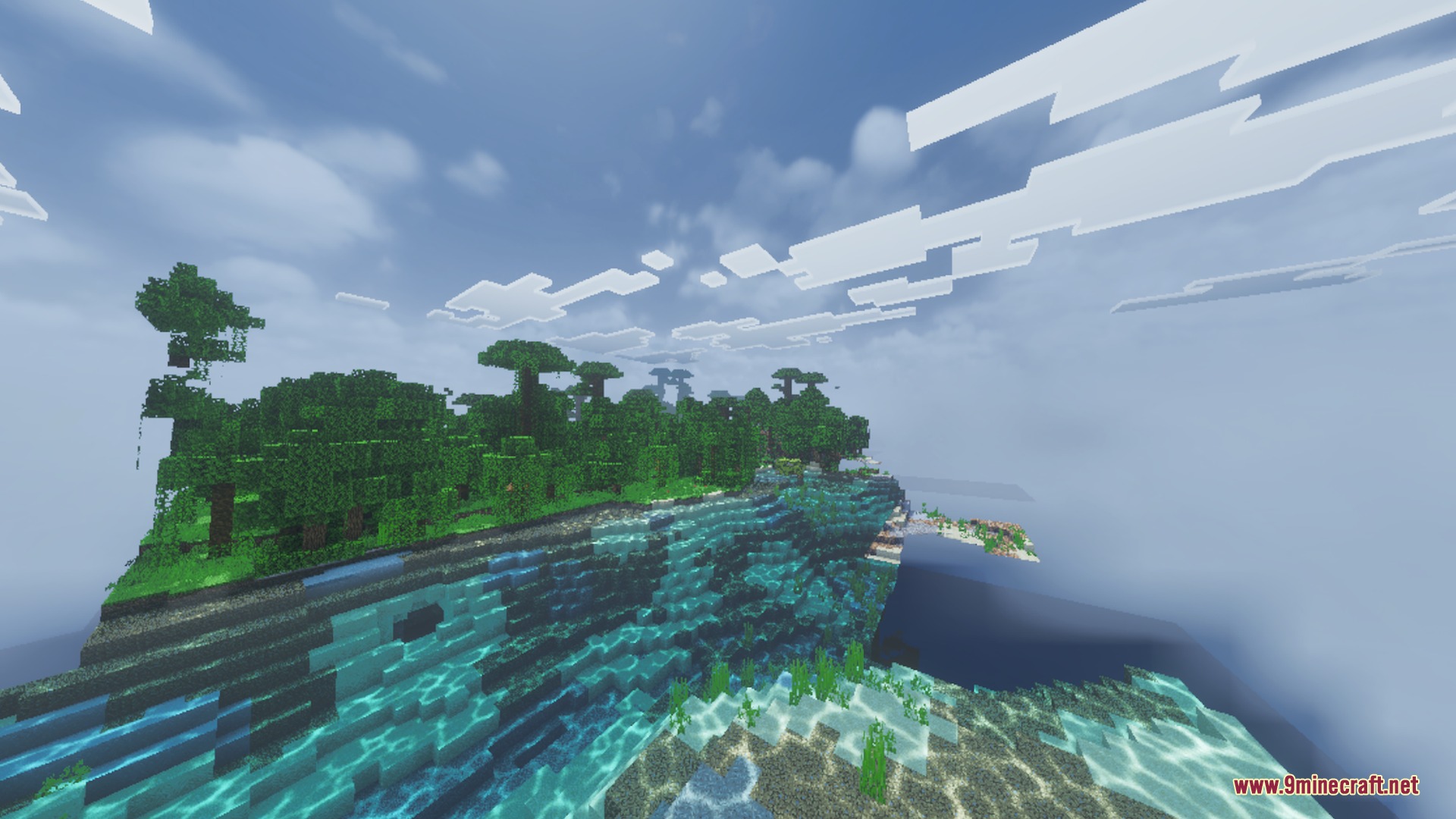 Chroma Visuals Shader Screenshot 1 Vibrant jungle biome with realistic water reflections under a bright blue sky