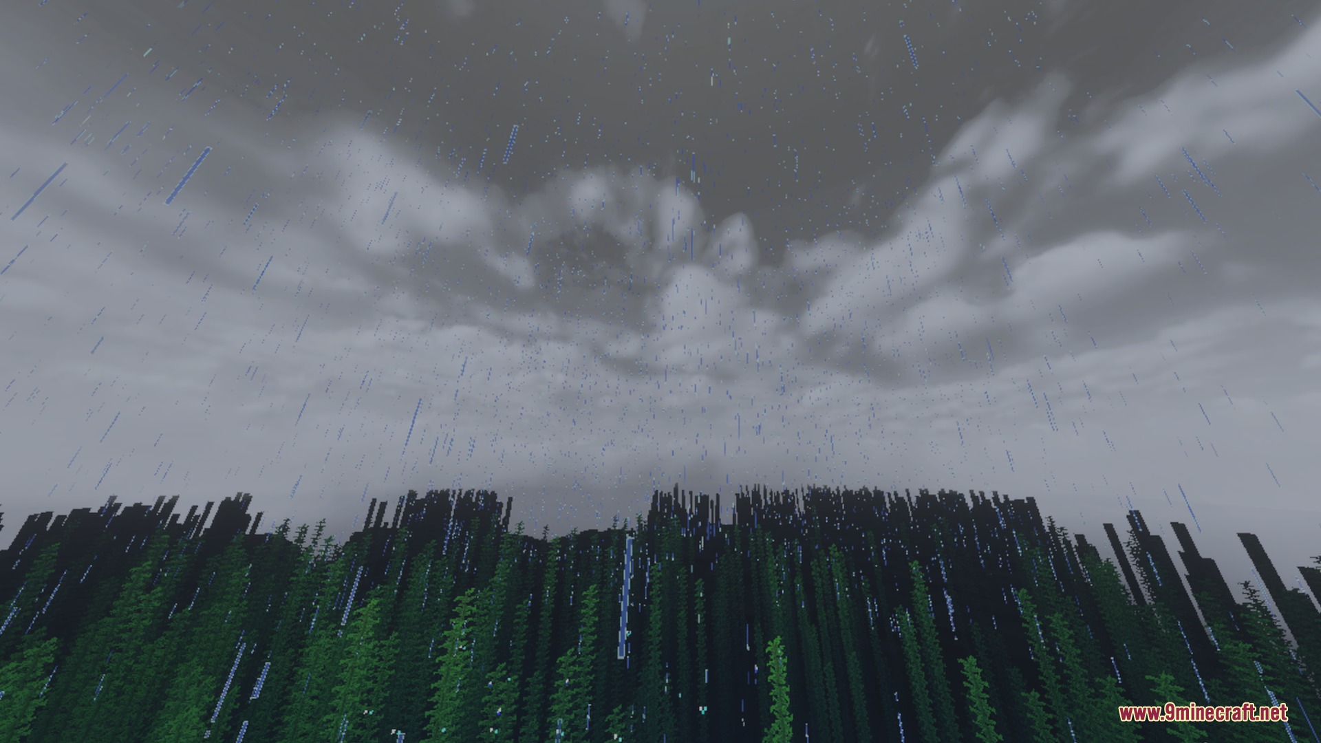 Chroma Visuals Shader Screenshot 10 Heavy rain falls over a dense forest under a cloudy sky