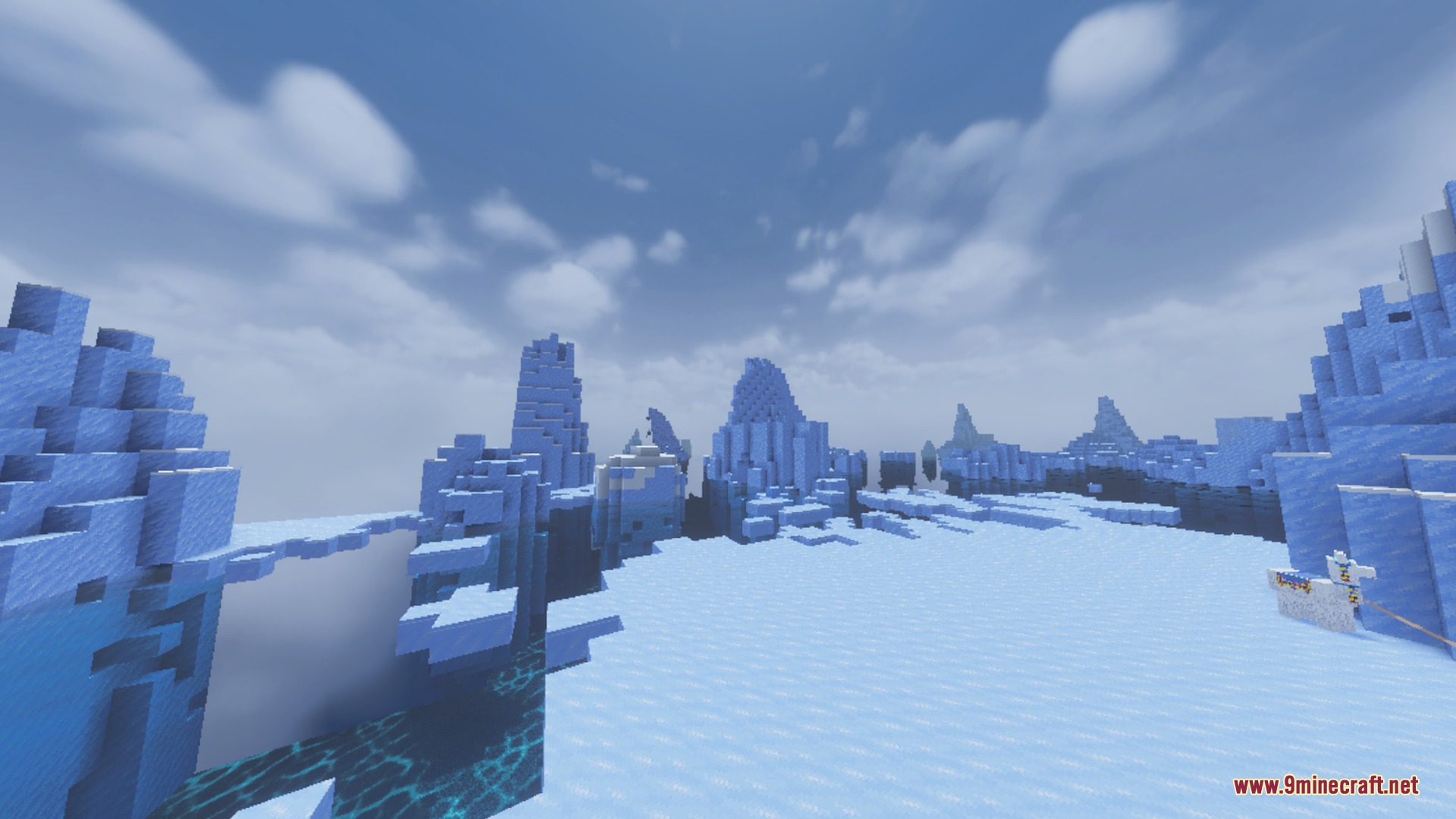 Chroma Visuals Shader Screenshot 3 Vibrant ice spikes and snow blocks under a clear blue cinematic sky