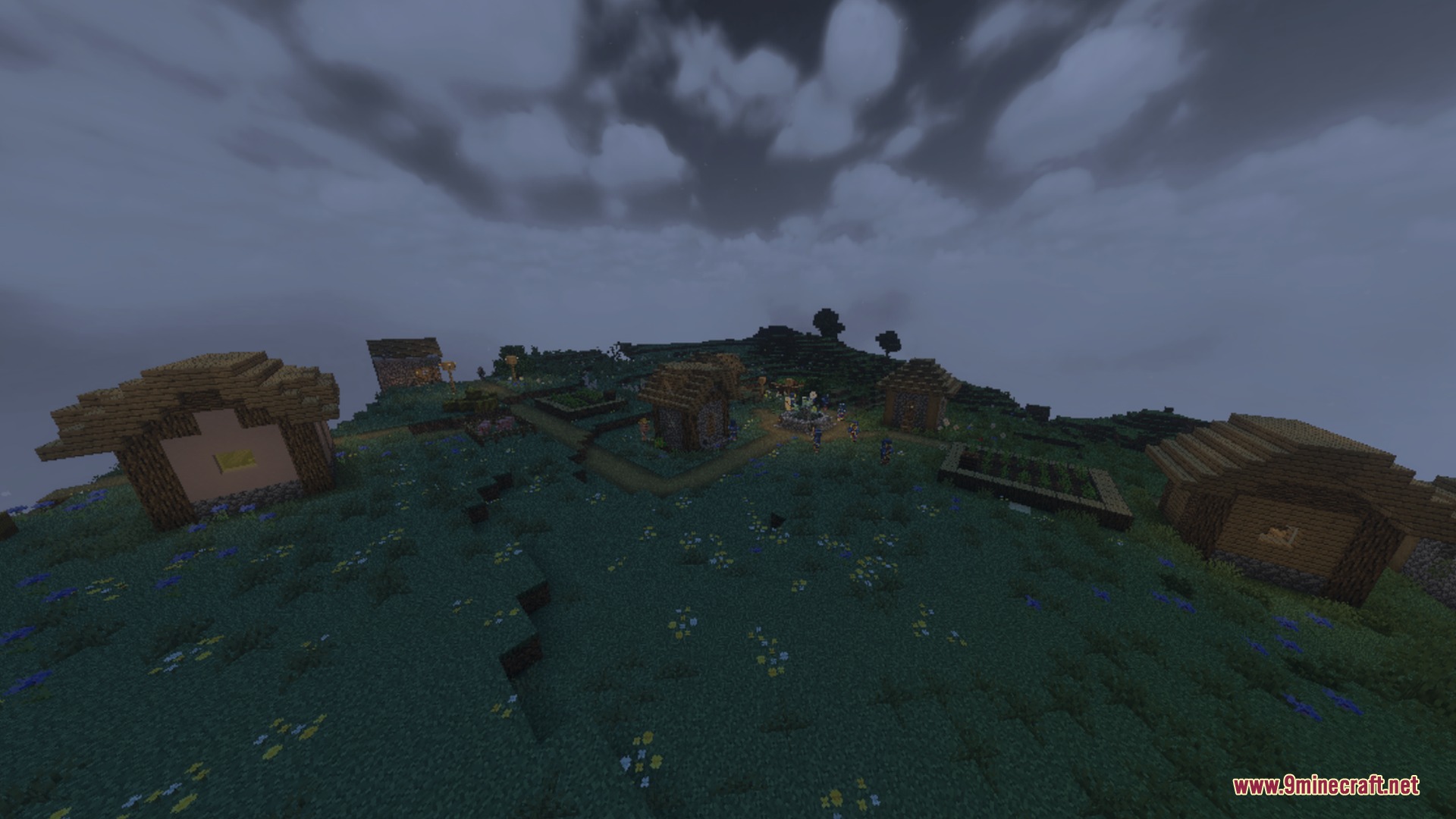 Chroma Visuals Shader Screenshot 4 Small wooden houses in a village under a moody and cloudy sky