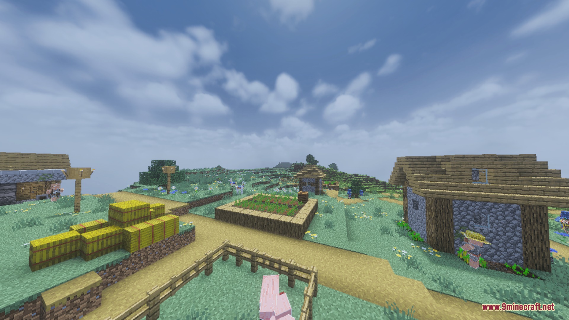 Chroma Visuals Shader Screenshot 6 Vibrant lighting illuminates a peaceful village landscape with hay bales and farms
