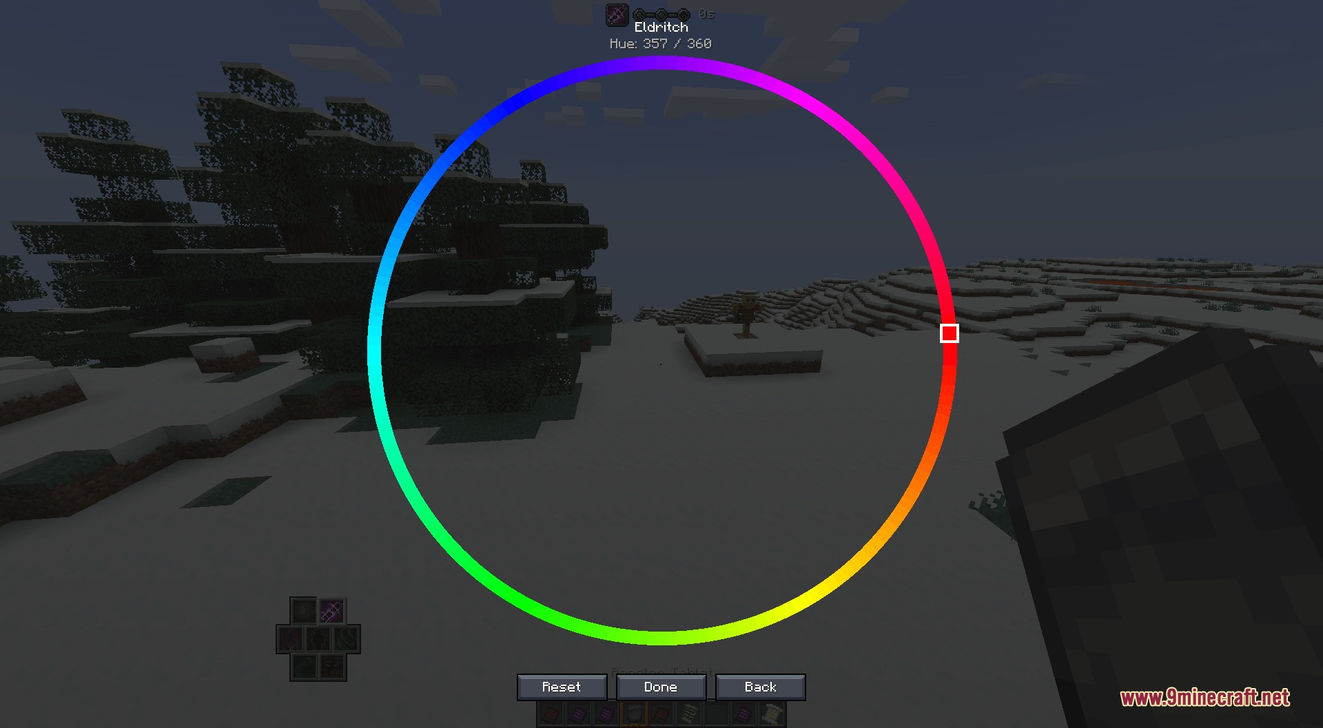 Chromatic Arcanum Mod interface showing a rainbow color wheel for spell customization