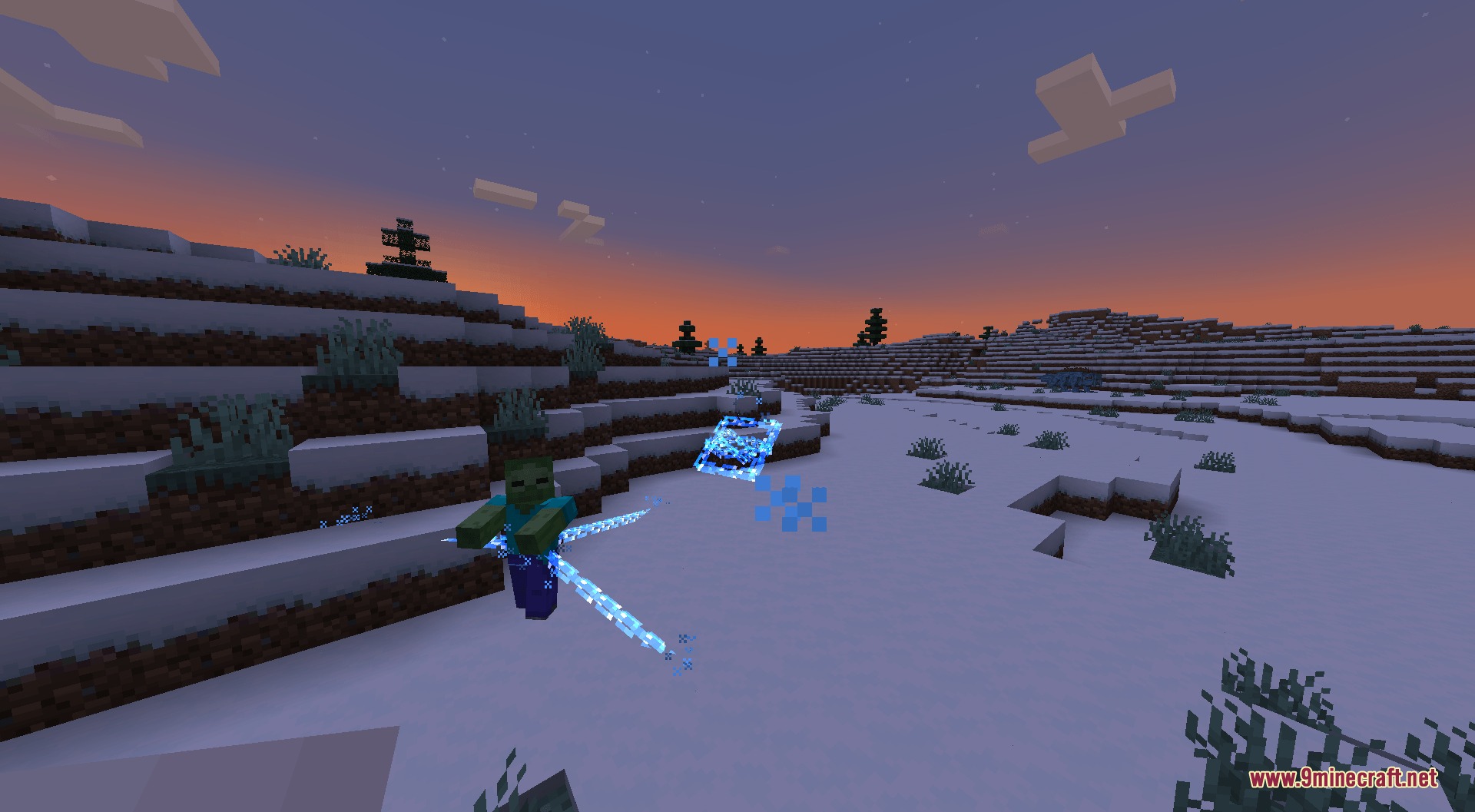 A zombie being hit by custom blue magic spells in a snowy biome