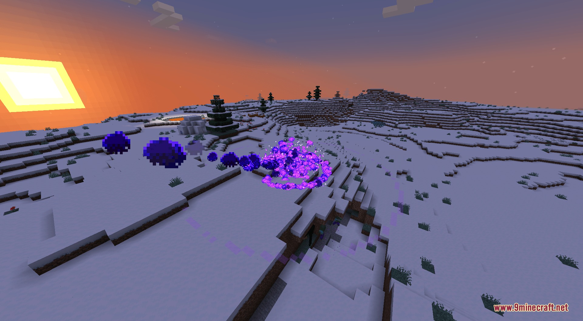 Vibrant purple magic effects appearing on the snow during a Minecraft sunset