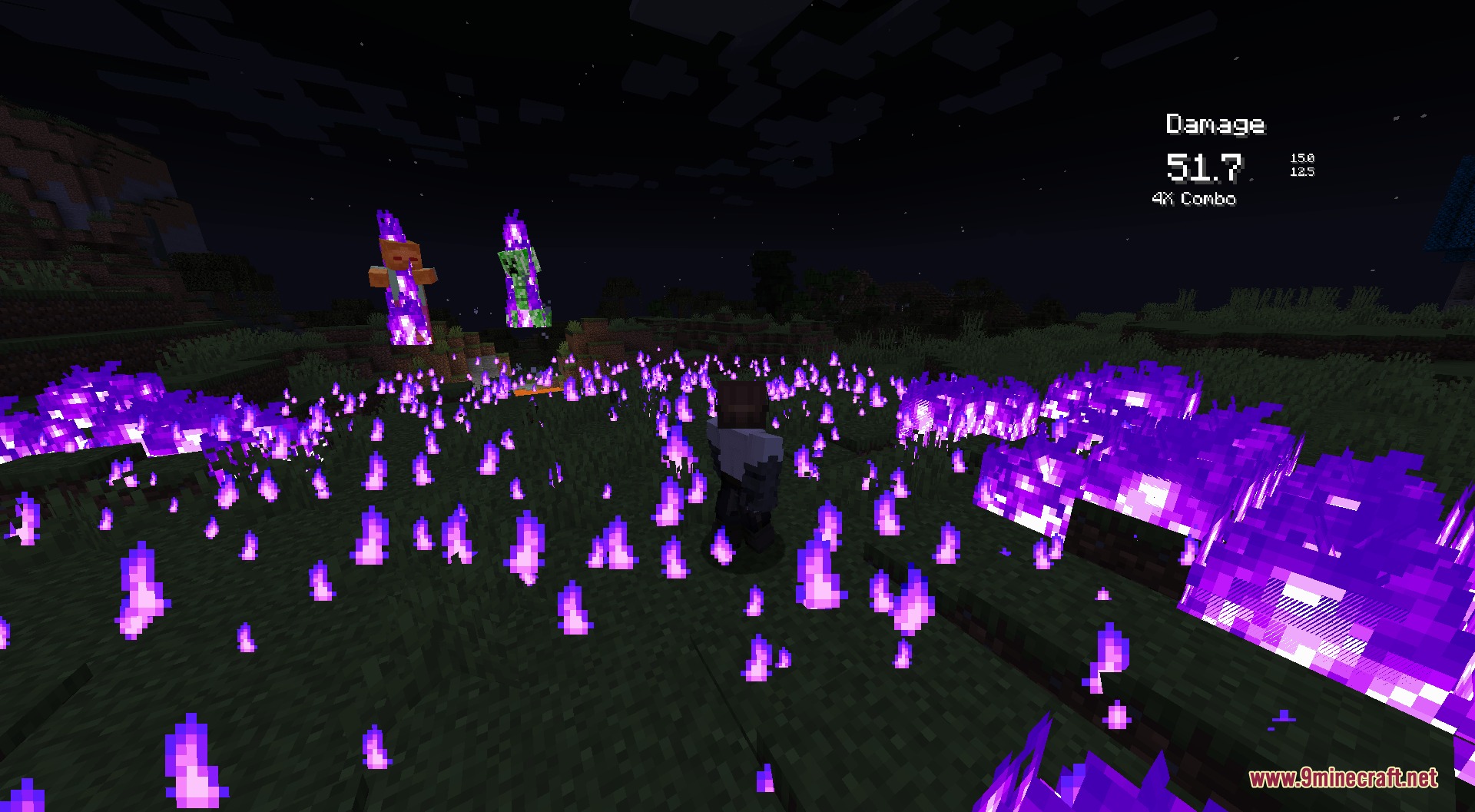 A player stands amidst purple fire while hostile mobs burn at night
