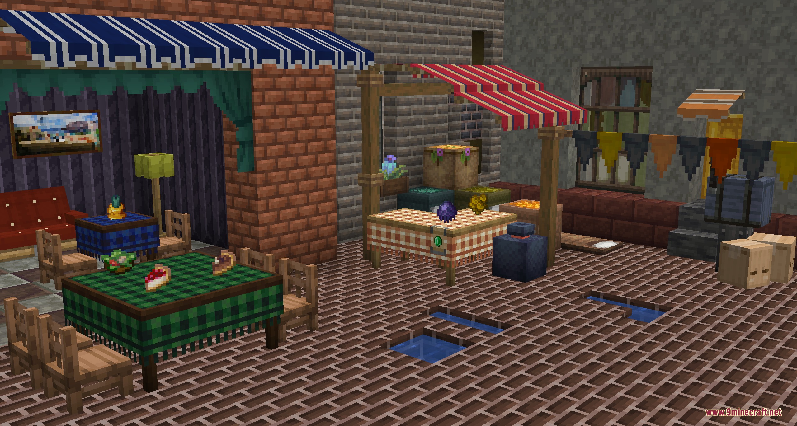 Outdoor cafe area decorated with colorful checkered tables and striped fabric awnings