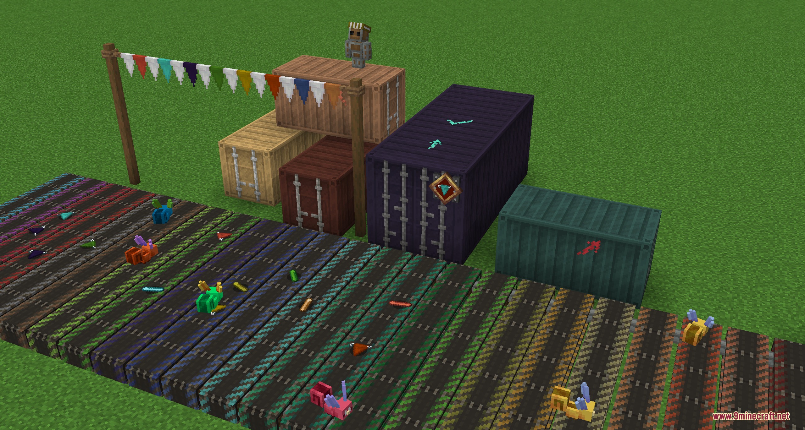 Colorful shipping containers and decorative buntings placed on a striped wooden floor