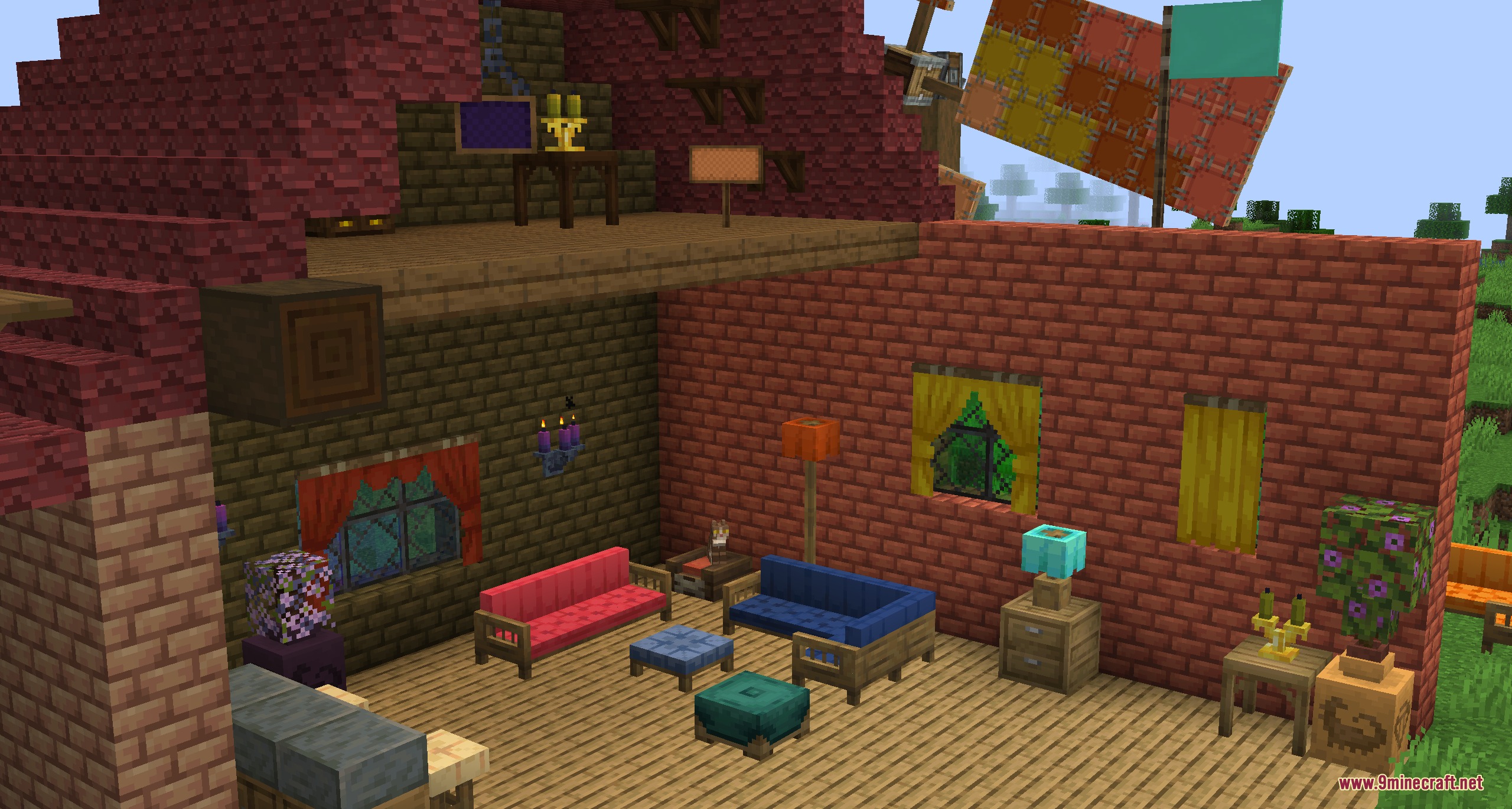 Minecraft interior featuring colorful sofas curtains and brick walls with wooden floors