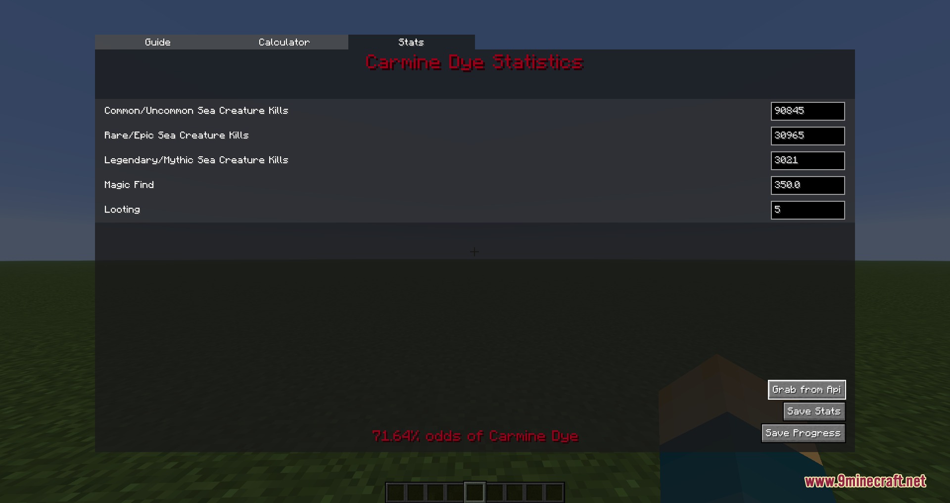 Chromatic Zenith Mod Screenshot 5 A custom menu showing Carmine Dye drop odds and sea creature kills