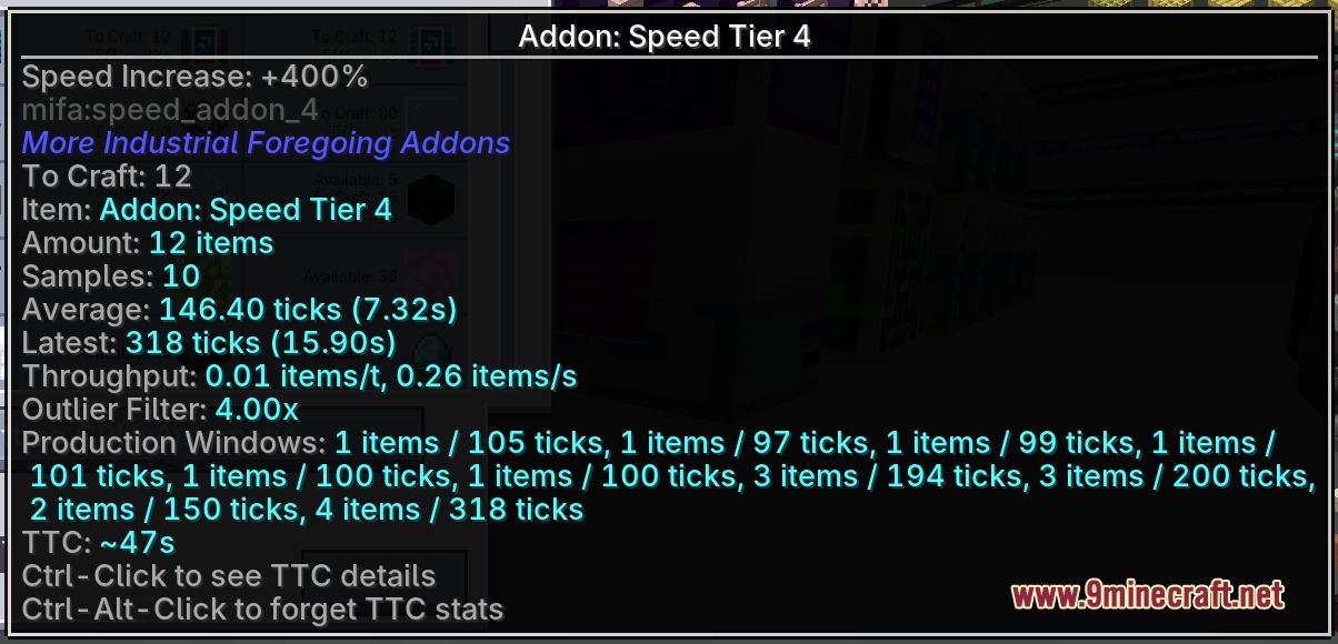 Chronos Retained Metrics Mod Screenshot 2 Detailed tooltip showing production windows and time estimates for crafting items