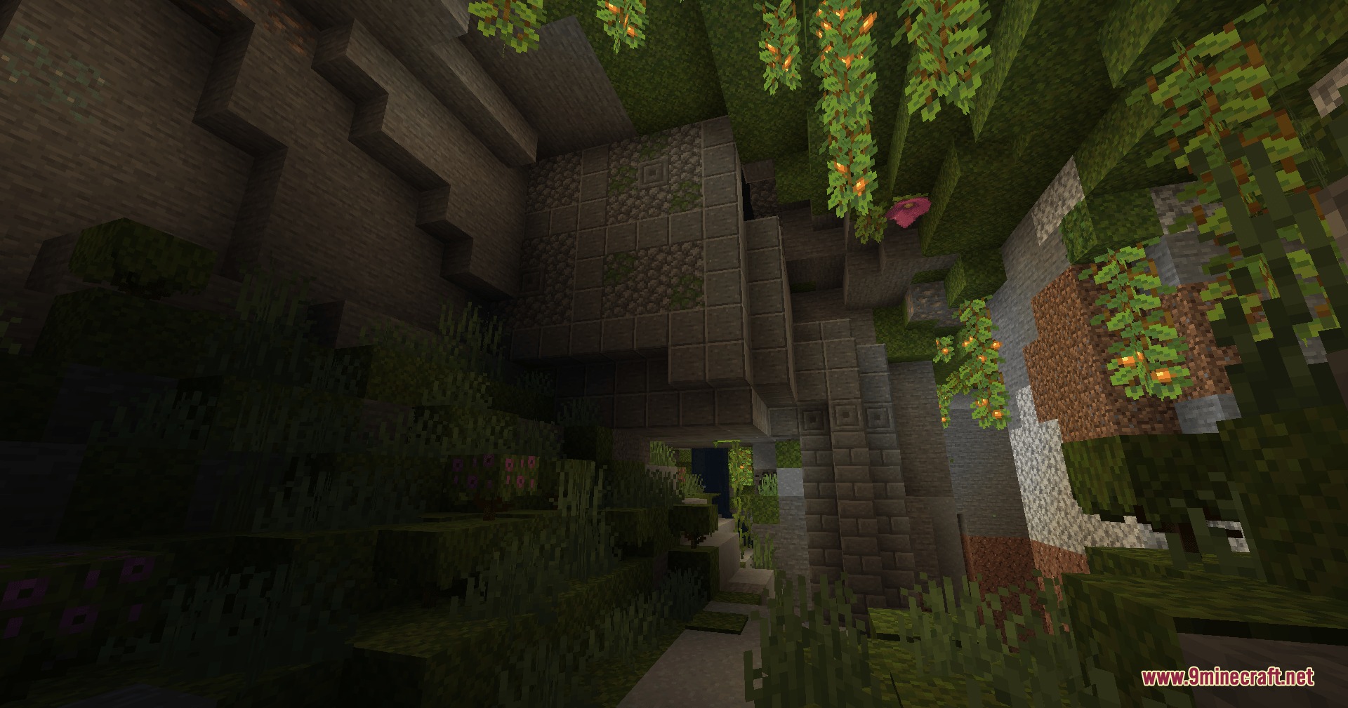 Cinch's Lost Mob Grinders Mod Screenshot 1 Ruined stone structure hidden inside a lush cave biome with vines