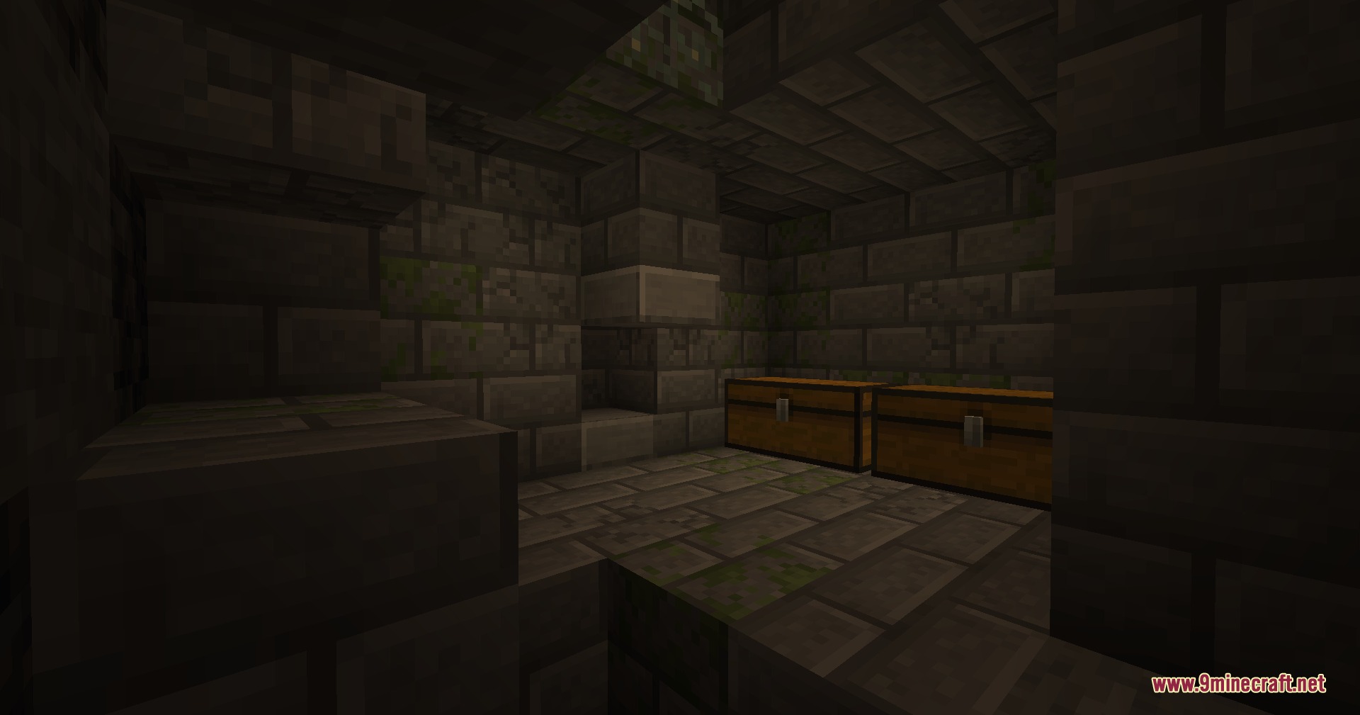 Cinch's Lost Mob Grinders Mod Screenshot 3 Two wooden chests placed inside a dark underground stone brick room