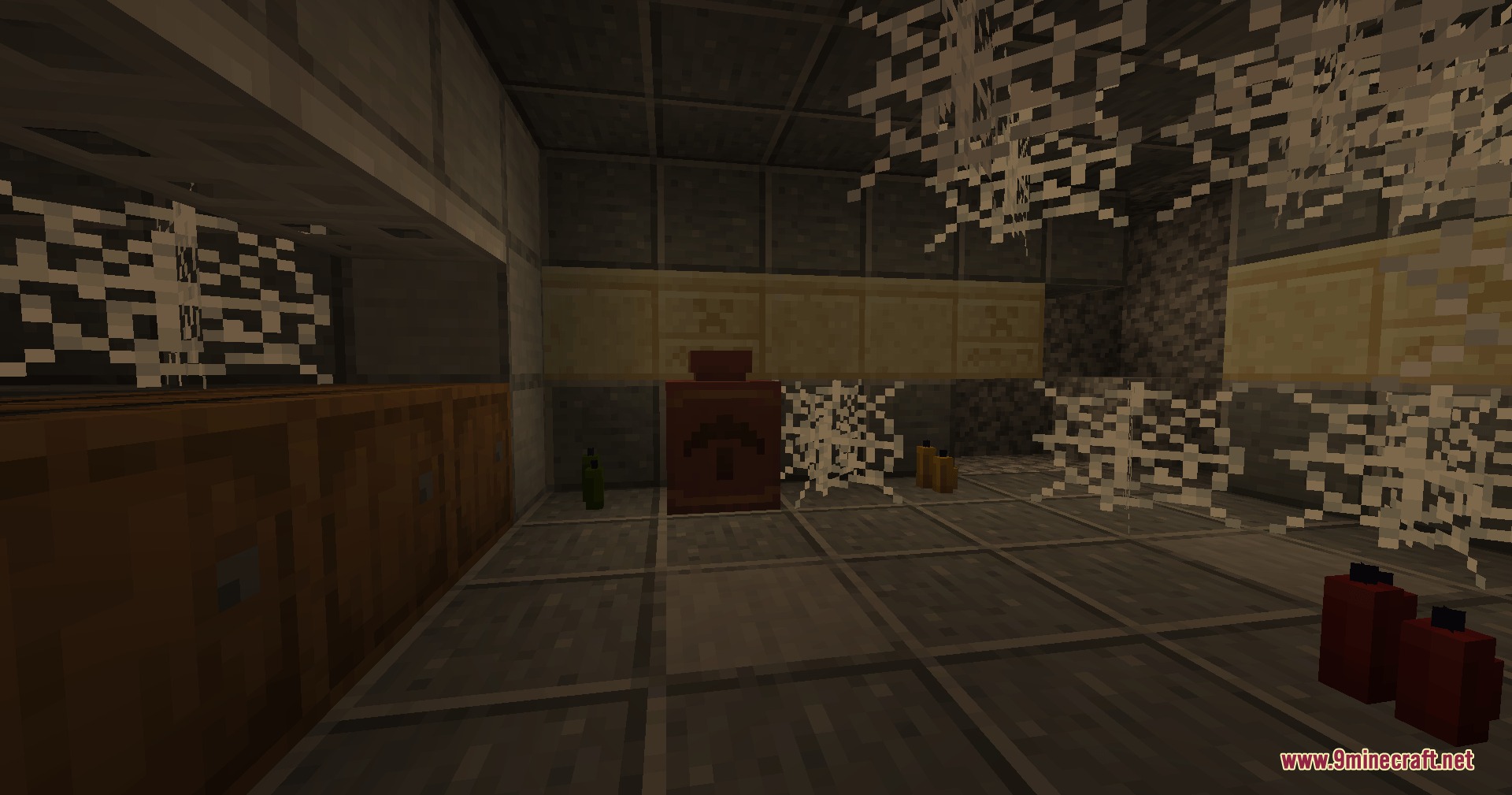 Cinch's Lost Mob Grinders Mod Screenshot 5 Dark abandoned room with cobwebs and red canisters inside a ruined underground structure