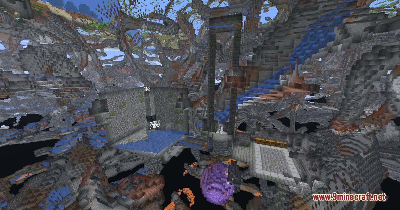 Cinch's Lost Mob Grinders Mod Screenshot 6 Spectator view showing a ruined mob grinder structure buried deep within underground caves