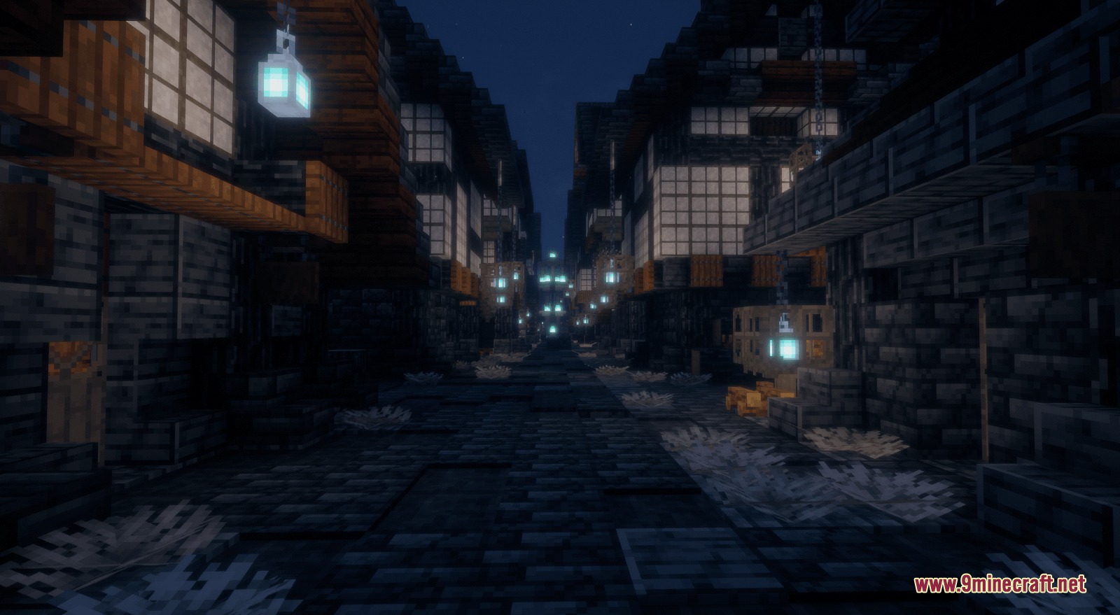Cinderbound Frontier Mod Screenshot 1 Dark cobblestone street lined with traditional buildings and glowing blue lanterns