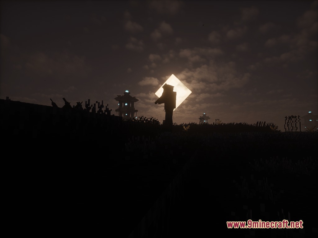 Cinderbound Frontier Mod Screenshot 2 Silhouette of a player and distant towers against a bright square moon