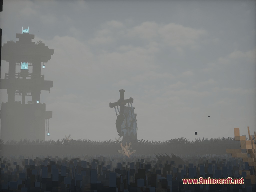 Cinderbound Frontier Mod Screenshot 3 Ancient ruins and a mysterious dark cross stand in the desolate Burnt Land