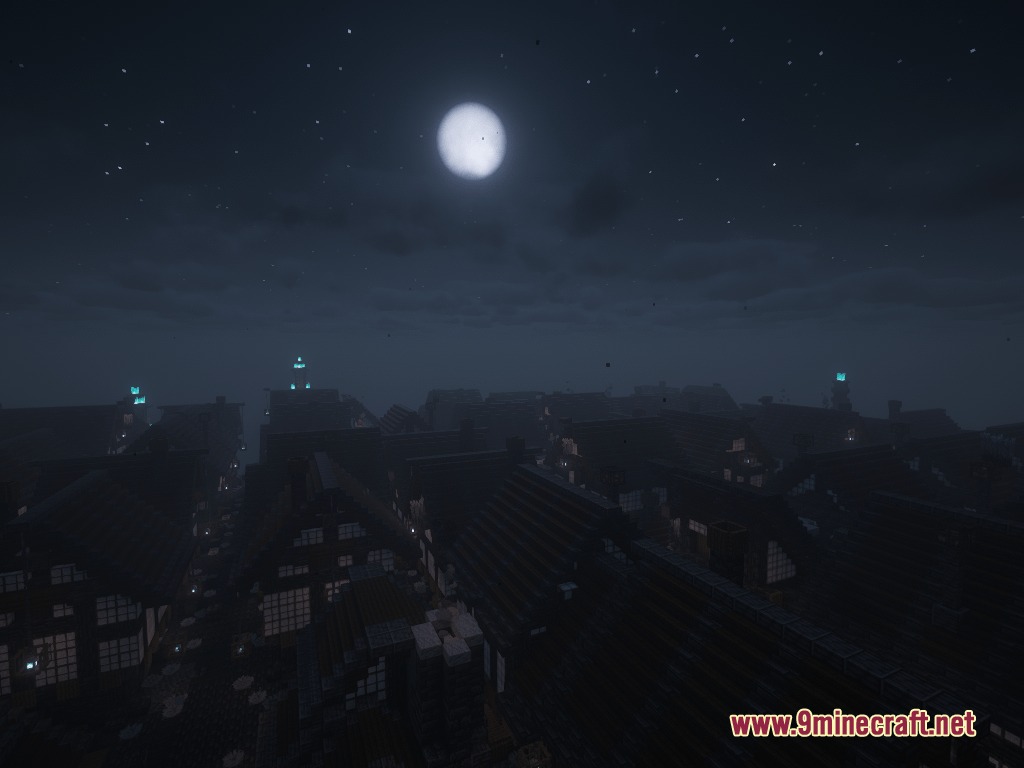 Cinderbound Frontier Mod Screenshot 4 A dark village under a full moon with glowing blue lanterns on distant towers