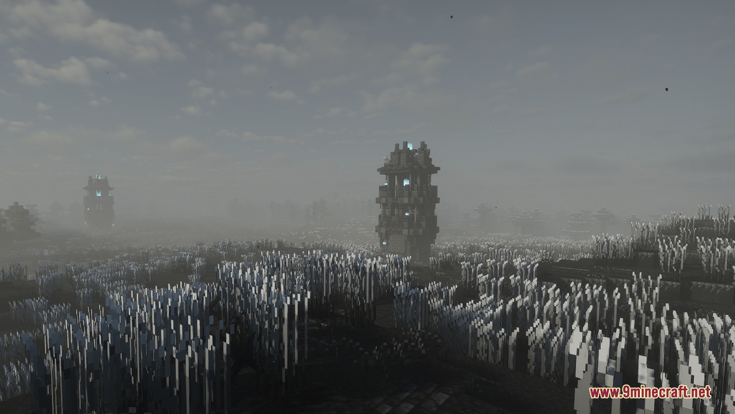 Cinderbound Frontier Mod Screenshot 5 Ancient stone towers stand tall in a desolate and foggy Burnt Land biome