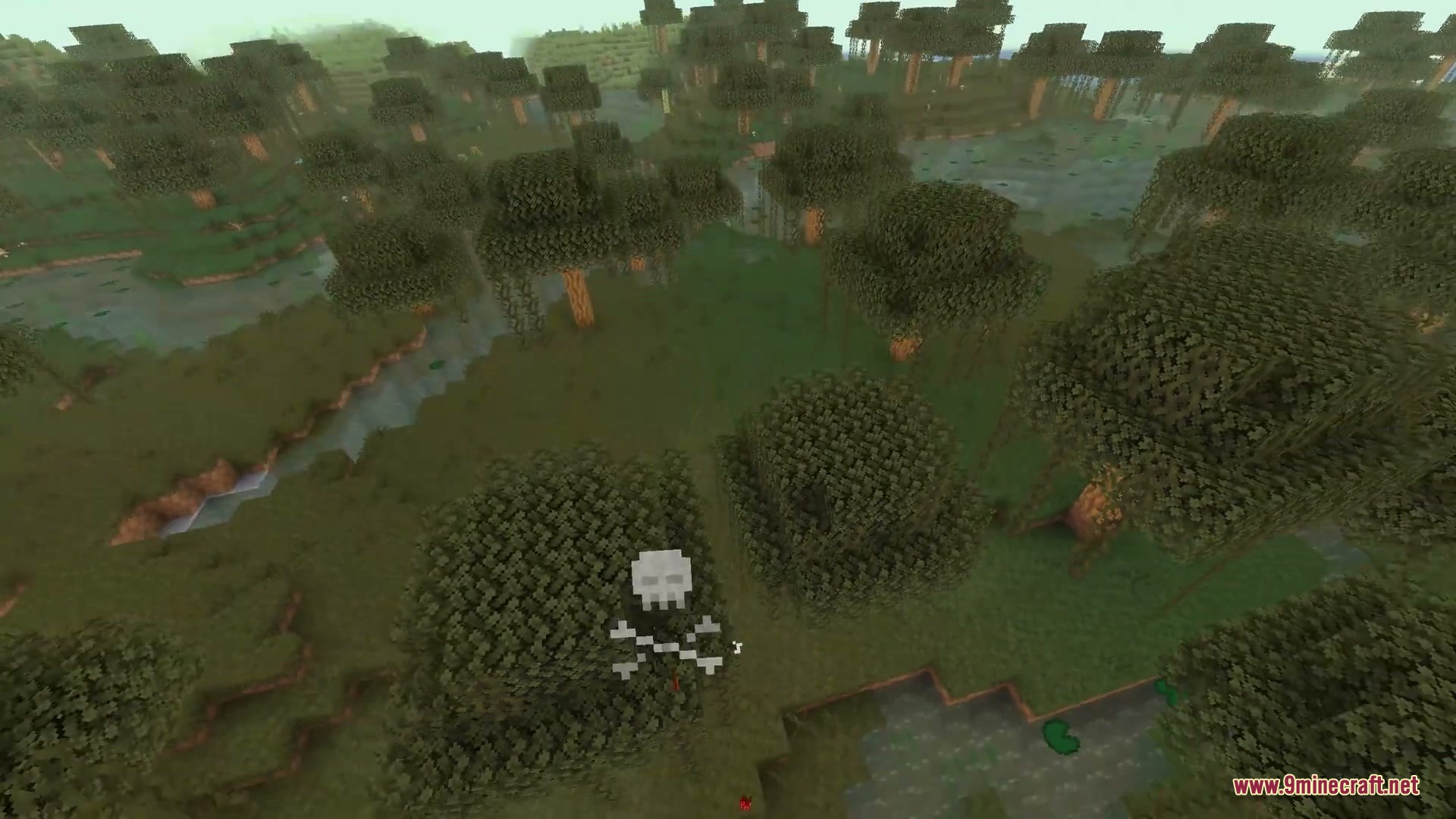 Cinematic Respawn Mod Screenshot 1 Skull icon marks player death location above trees in a swamp biome