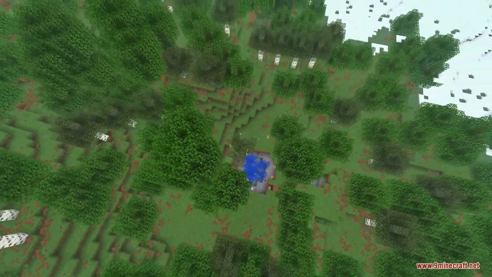 Cinematic Respawn Mod Screenshot 12 Aerial view of a forest biome with a small blue pond