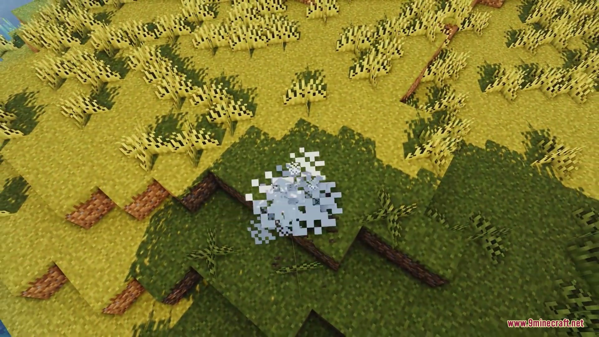 Cinematic Respawn Mod Screenshot 8 White particles on the ground during a cinematic respawn sequence in Minecraft