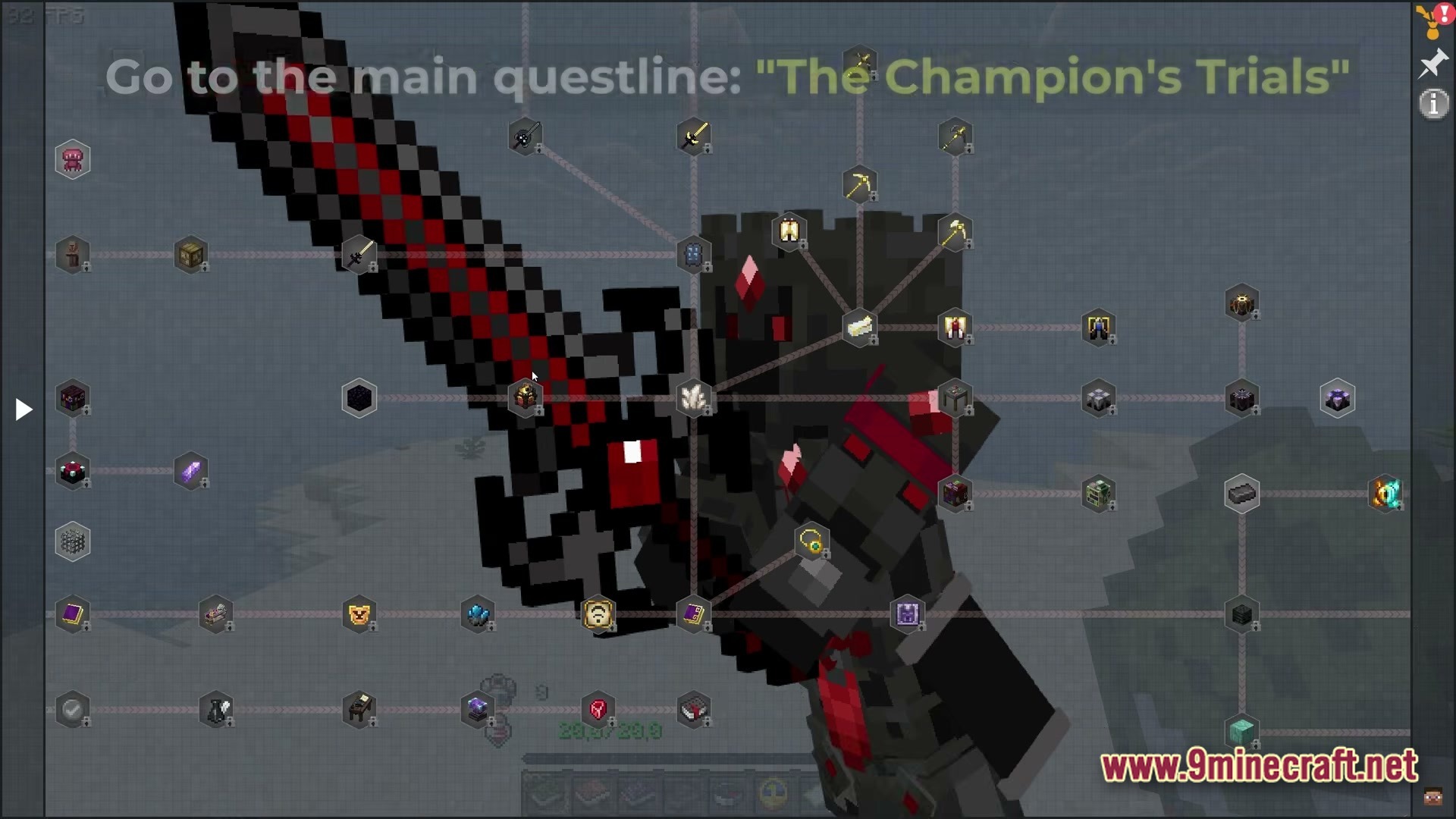 Cisco's Fantasy Medieval RPG Modpack Screenshot 1 The Champion's Trials questline interface displays various progression nodes over a dark knight background