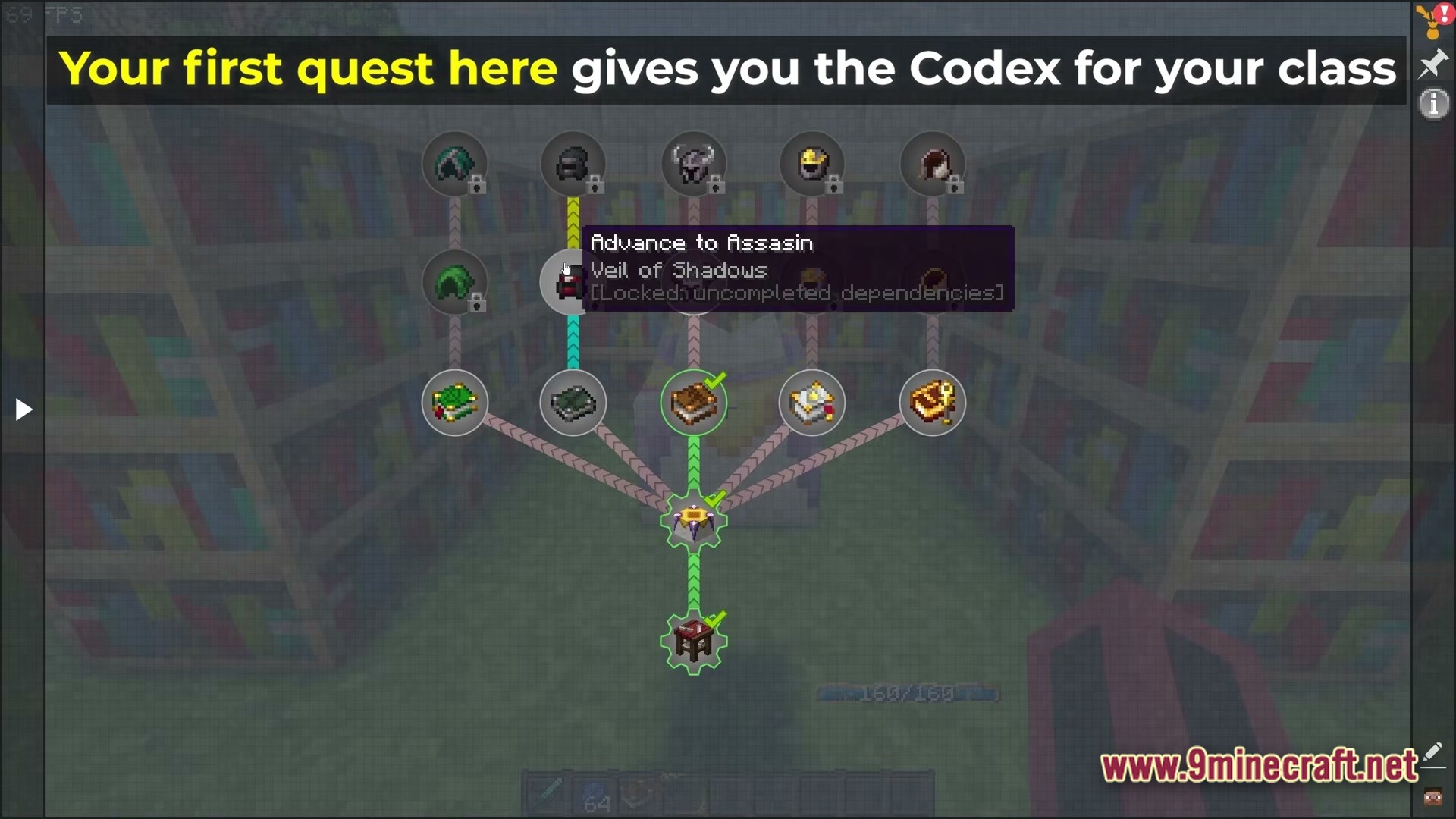 Cisco's Fantasy Medieval RPG Modpack Screenshot 2 A quest book interface displaying a branching skill tree for character classes and codex items