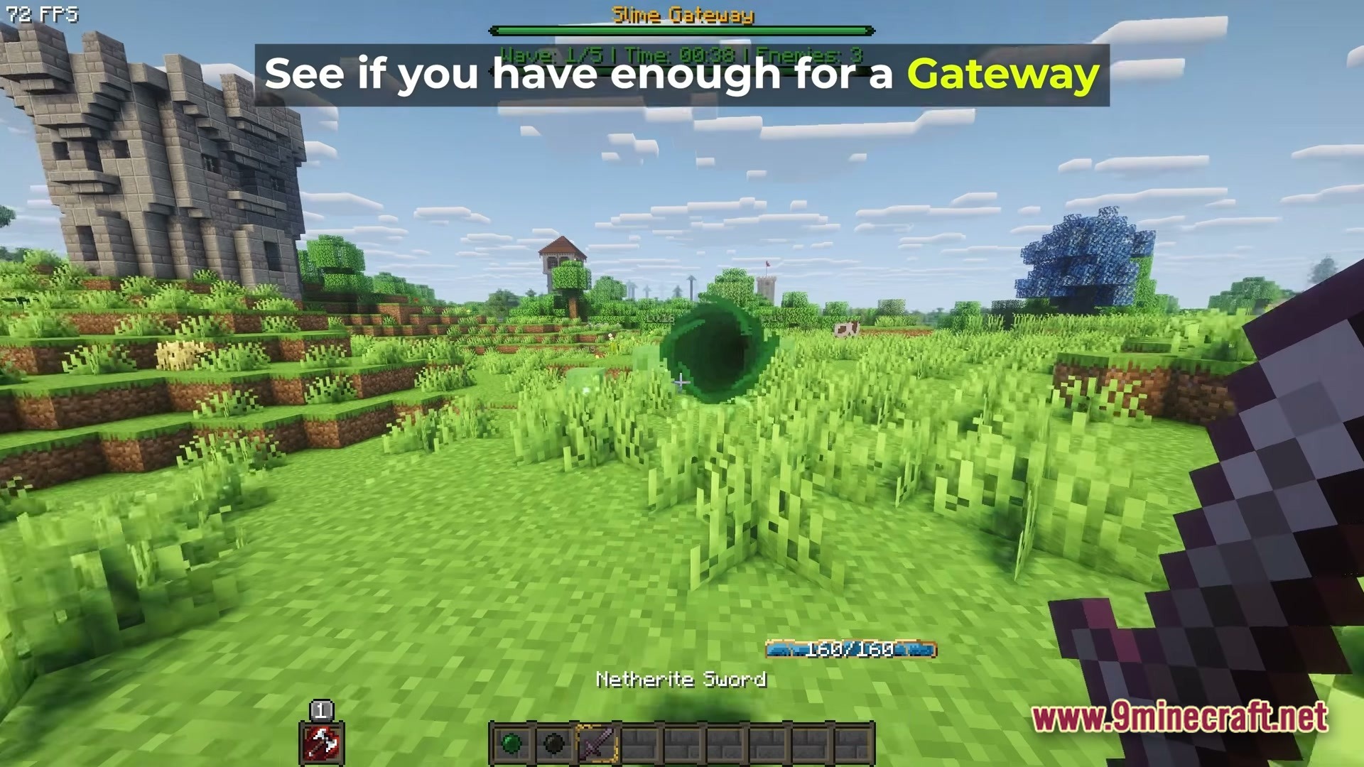 Cisco's Fantasy Medieval RPG Modpack Screenshot 3 A player holding a Netherite Sword faces a green Slime Gateway in a grassy plains biome