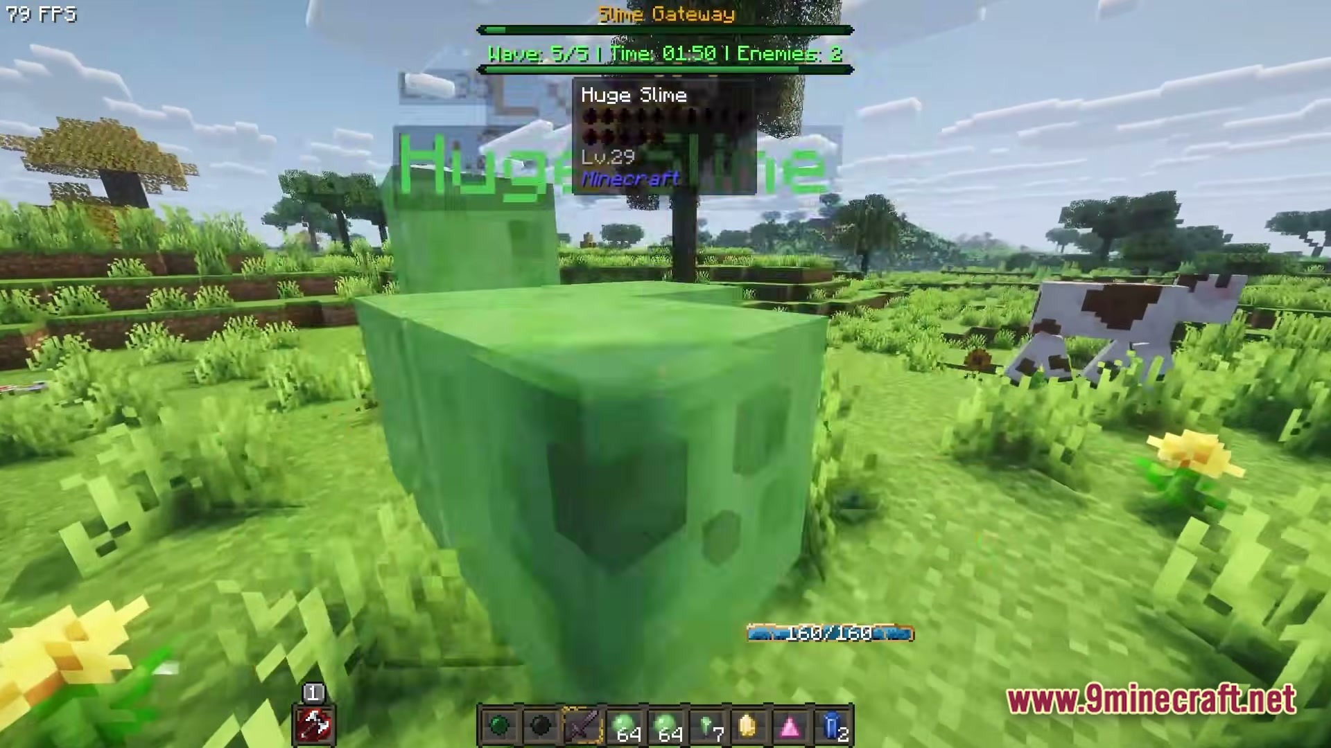 Cisco's Fantasy Medieval RPG Modpack Screenshot 4 A player fights a level twenty-nine Huge Slime during the final wave of a Slime Gateway
