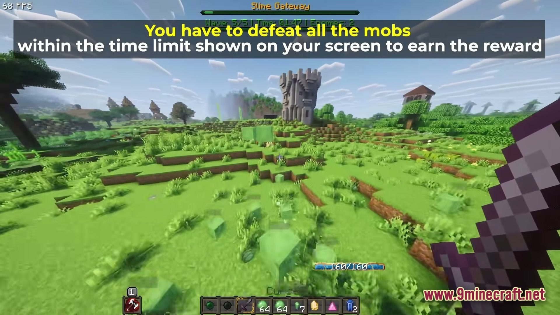 Cisco's Fantasy Medieval RPG Modpack Screenshot 5 A player battles slimes during a timed Slime Gateway event in a grassy plains biome