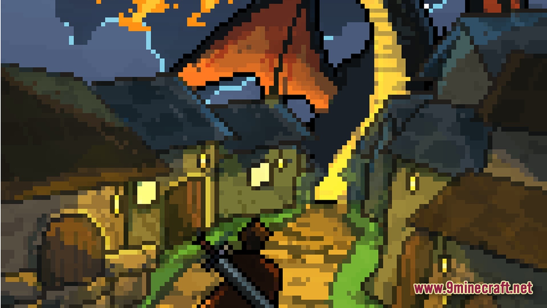 Cisco's Fantasy Medieval RPG Modpack Screenshot 7 Pixel art depicting a medieval village at night with a dragon flying over the stone buildings