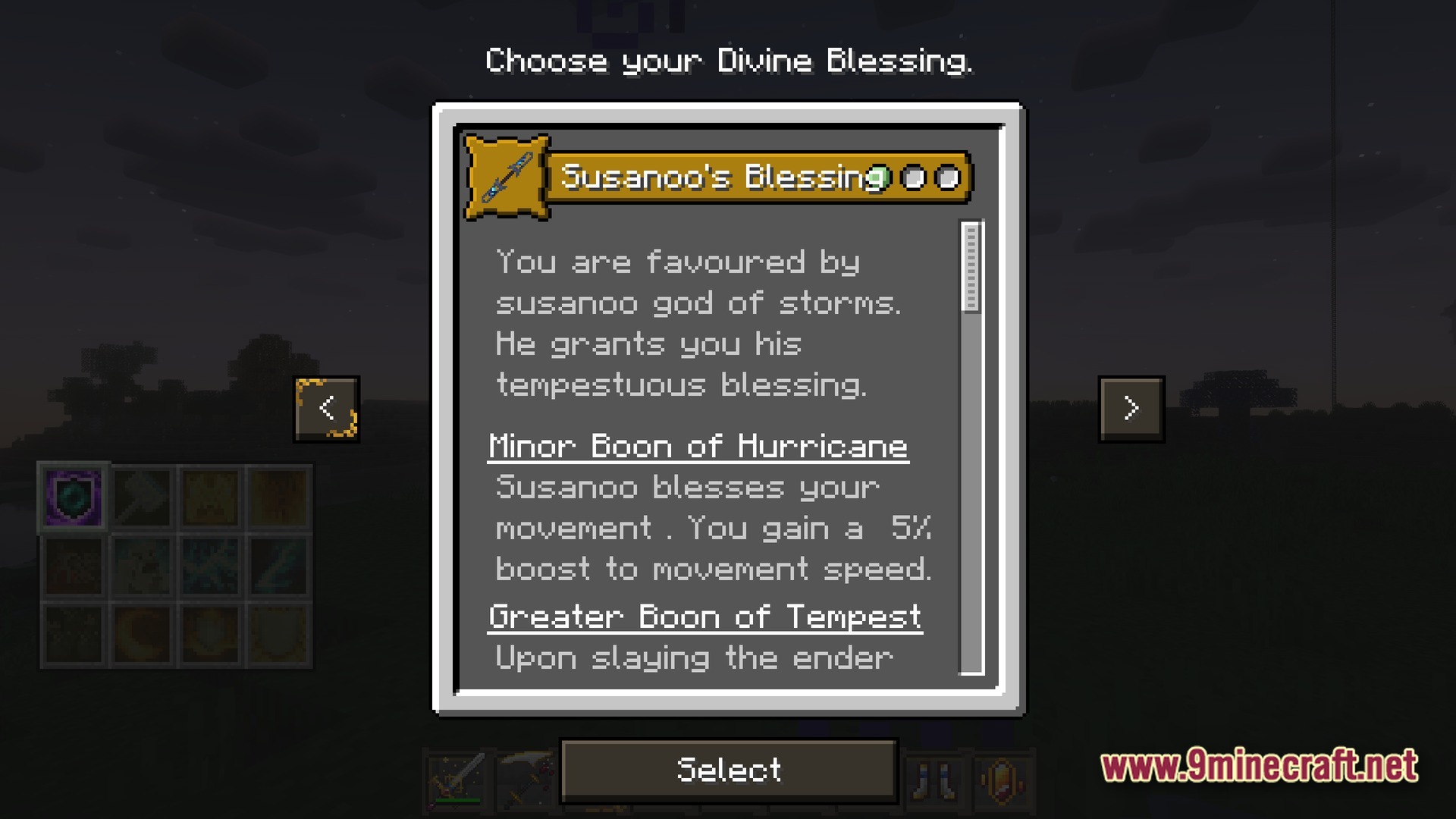 Cisco's Fantasy Medieval RPG Modpack Screenshot 8 A user interface menu for selecting a Divine Blessing from Susanoo, the god of storms