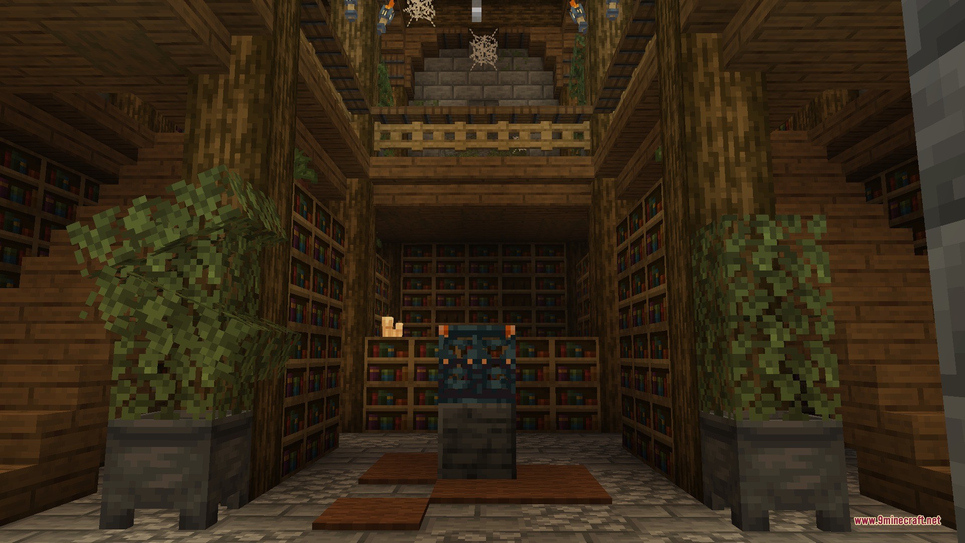 Citadel of Trials Data Pack Screenshot 10 Detailed library room with wooden pillars and a central trial spawner block
