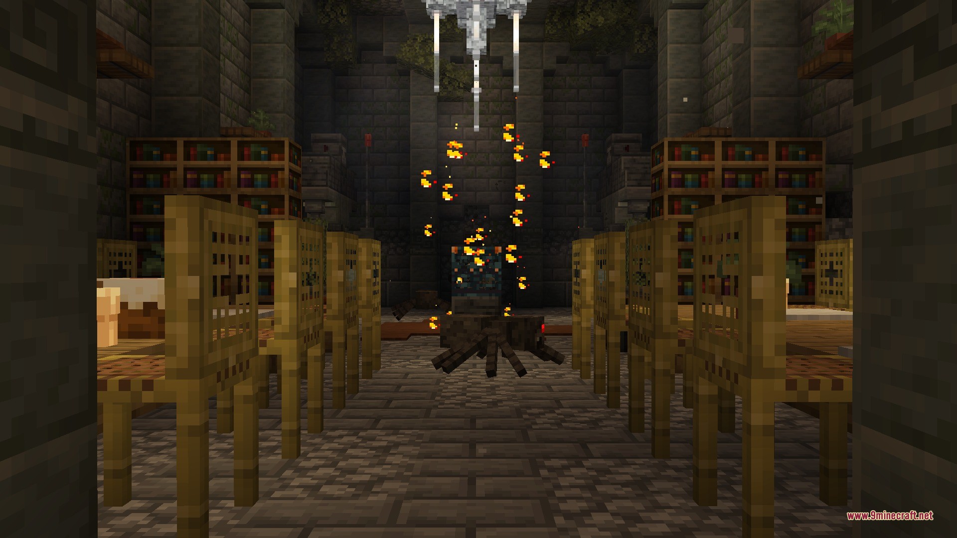 Citadel of Trials Data Pack Screenshot 3 A spider guards a mob spawner inside a library with bamboo furniture