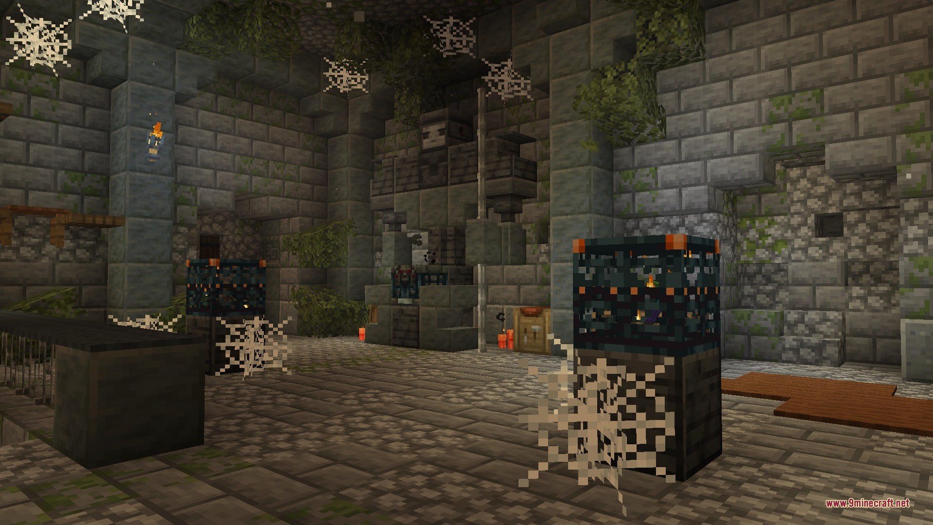 Citadel of Trials Data Pack Screenshot 5 A large stone stronghold chamber featuring trial spawners and hanging cobwebs